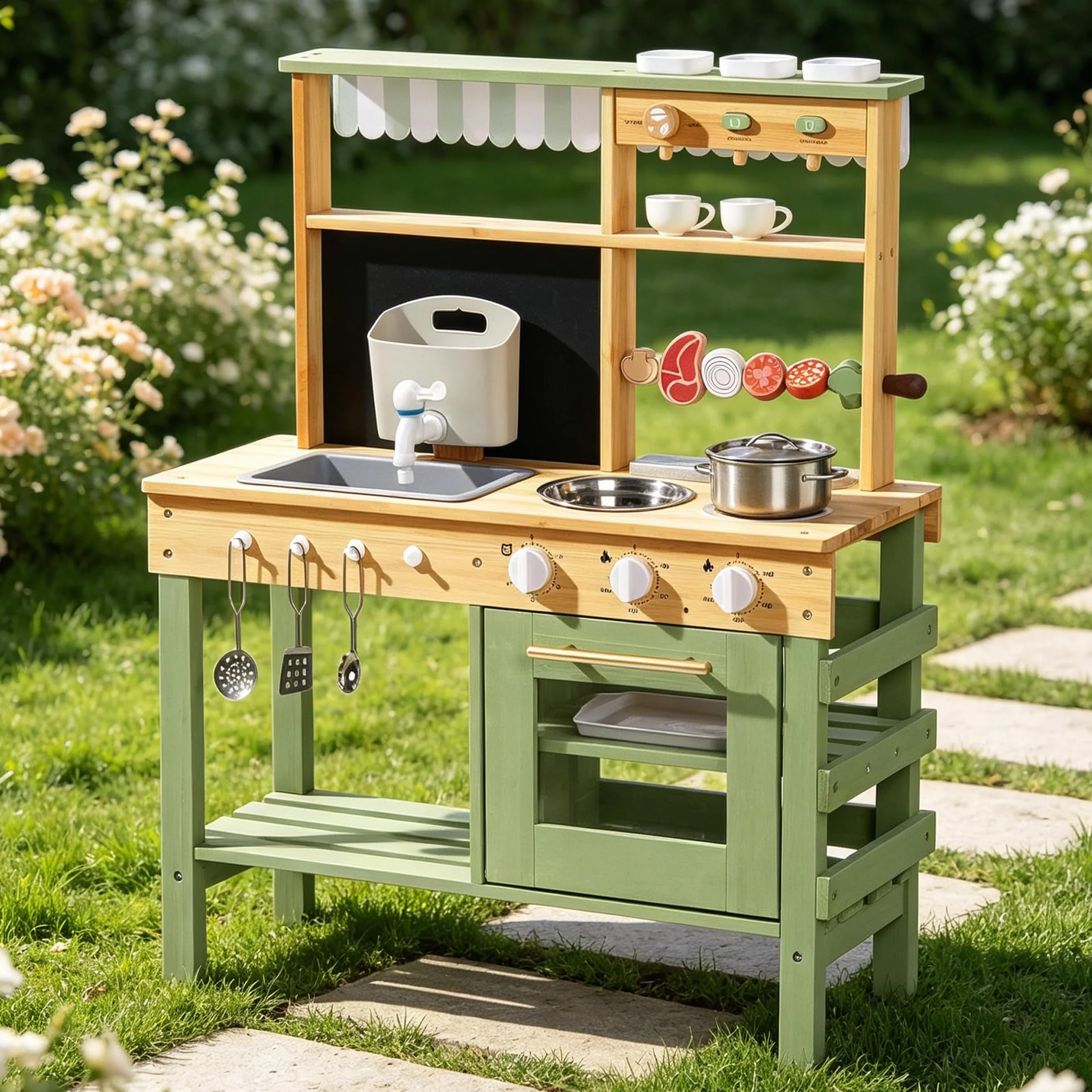 ROBOTIME Drewniana Kuchnia dla Dzieci z Funkcjonującym Kranem i Grillem BBQ