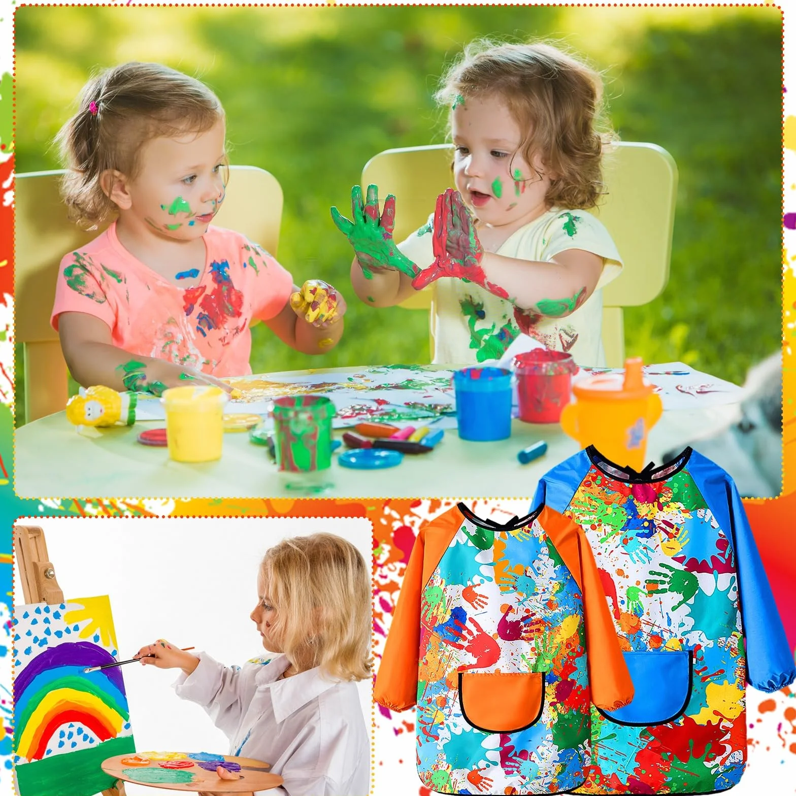Volumoon 2 sztuki fartuch malarski dla dzieci, 2-7 lat, unisex, wielokolorowa, fartuch malarski z rękawami i kieszeniami