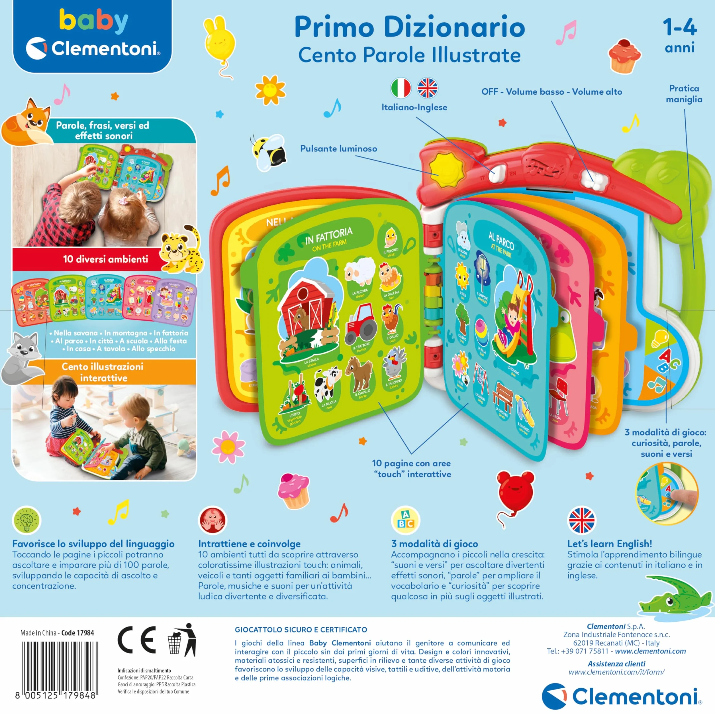 Clementoni Baby Discover the world in 100 worlds - interactive book 1 year electronic speaking, edukacyjna dwujęzyczna książka dla dzieci, dwujęzyczny dźwięk dotykowy, nauka włoskiego i angielskiego,