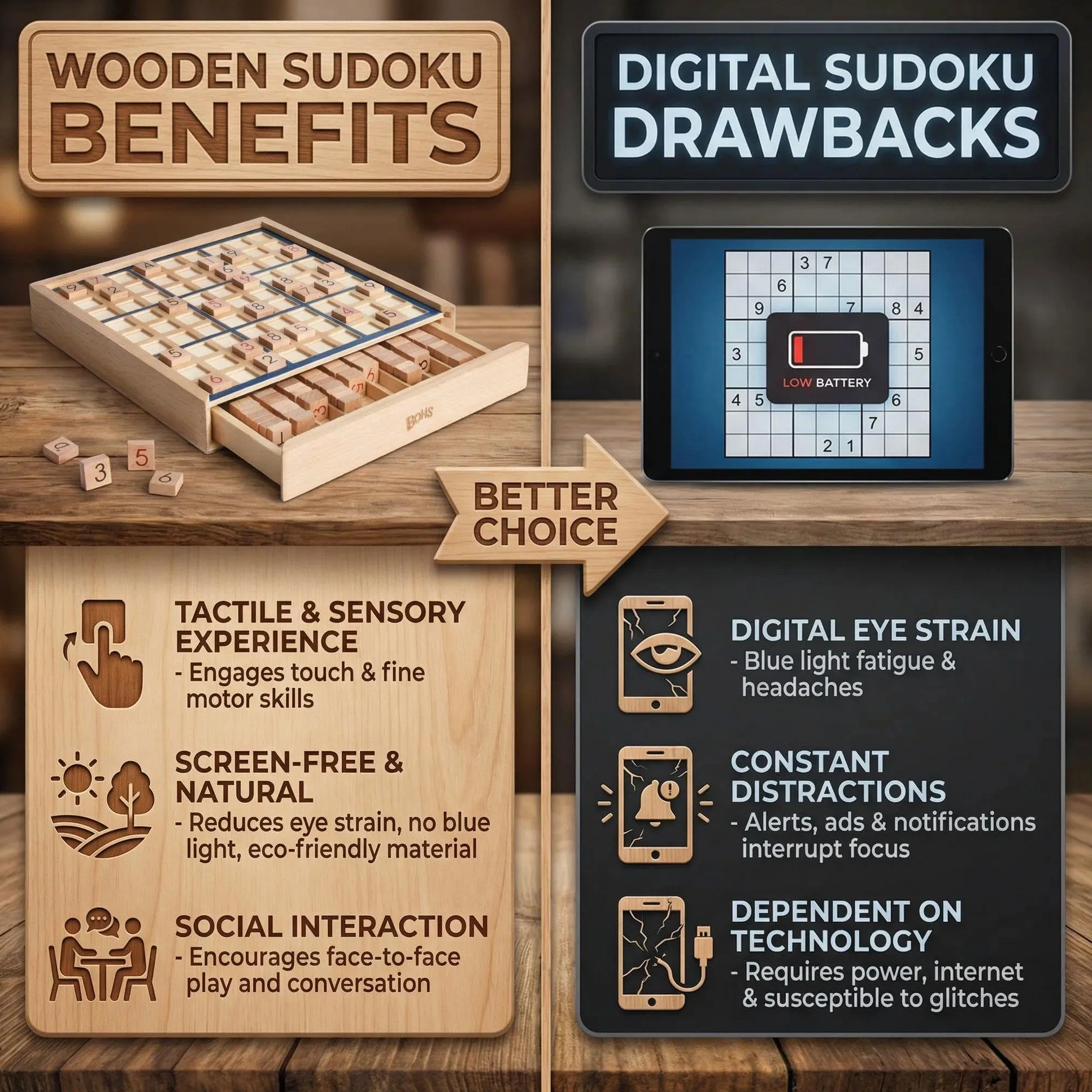BOHS Gioco da Tavolo in Legno Sudoku con Cassetto - 100 Puzzle di Sudoku - Rompicapo Matematico da Tavolo