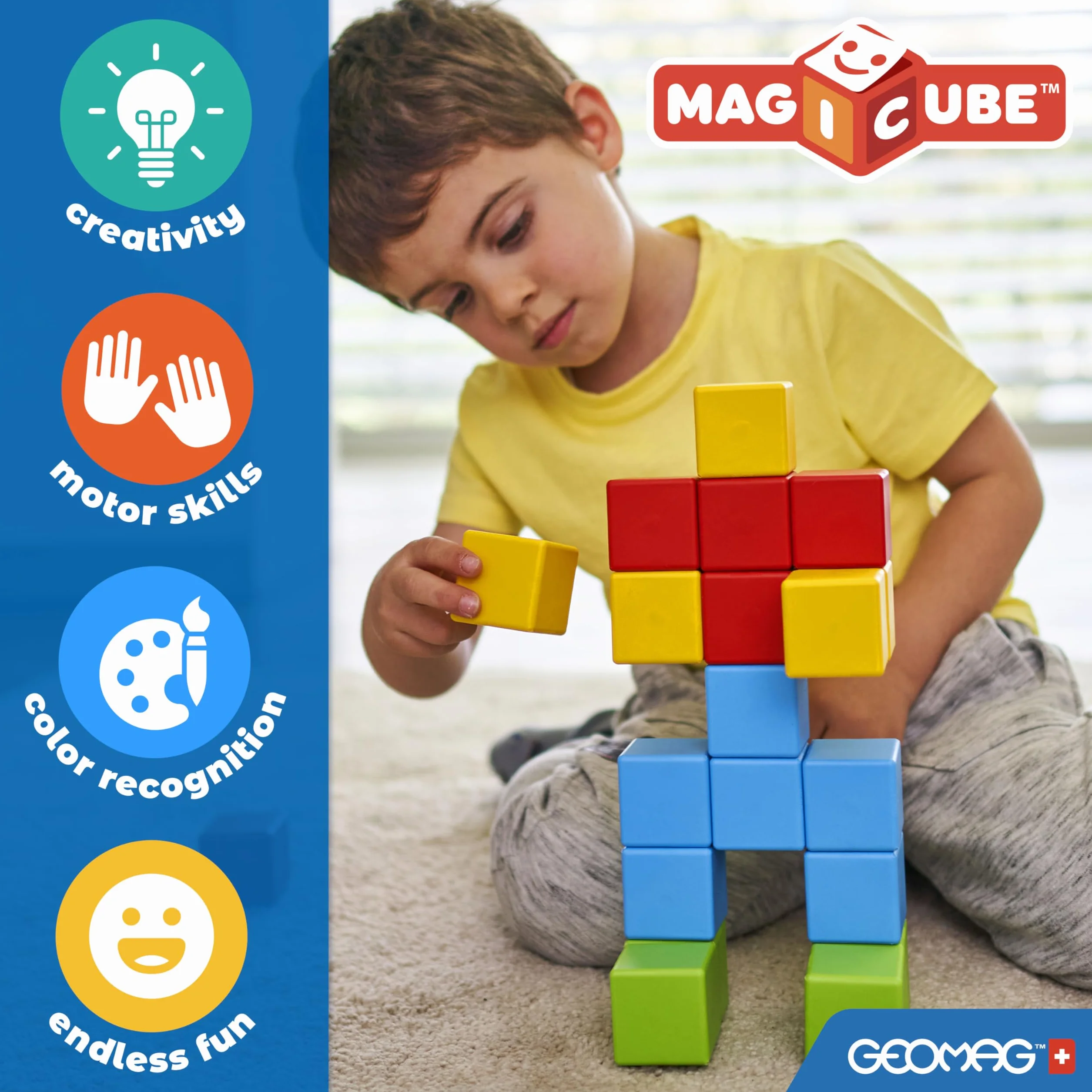 Geomag- Magicube Magnetic Construction for Kids Green Line 100% plastik z recyklingu, 24 kostki, 56, wielokolorowy