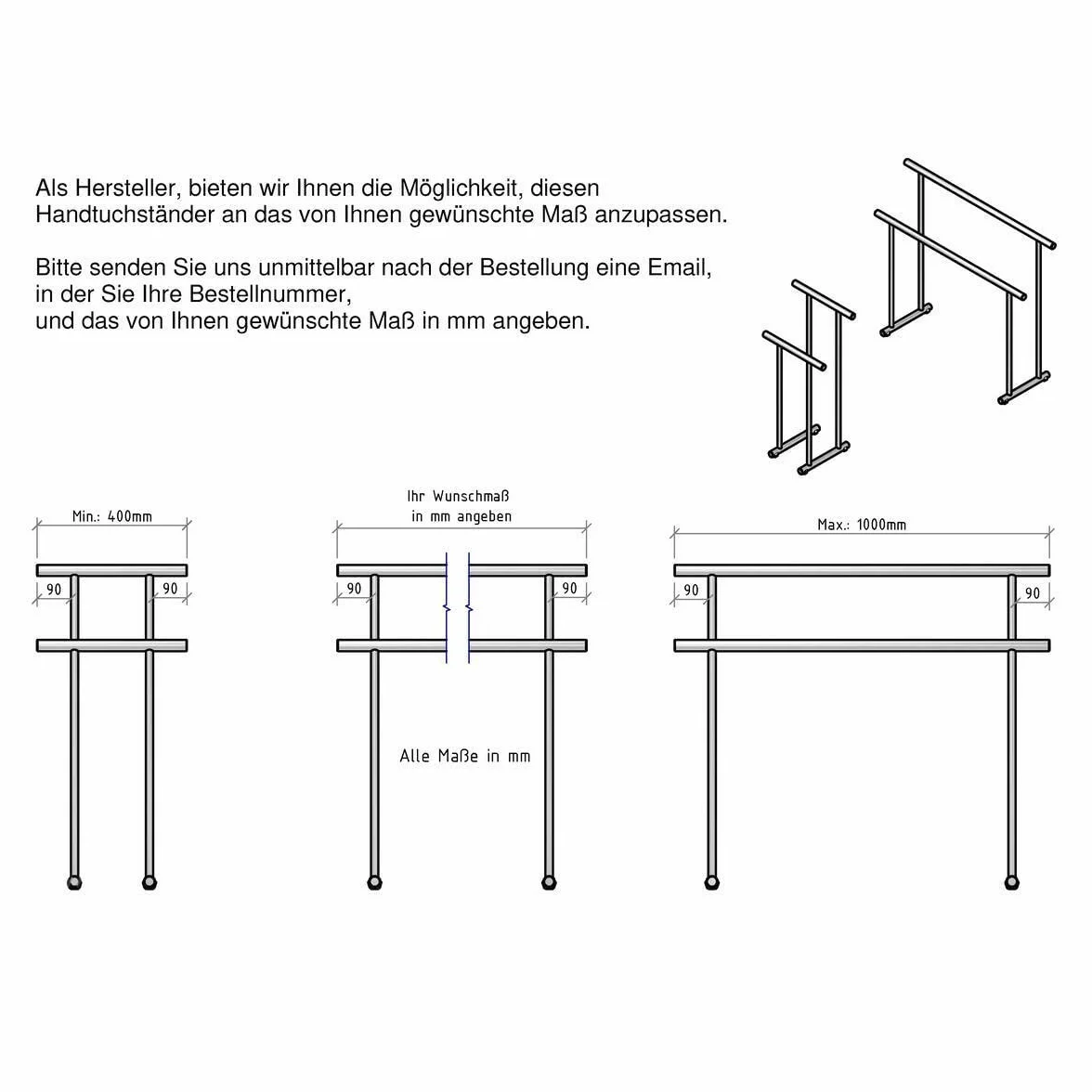 HISKA Masywny, stabilny wieszak na ręczniki ze stali nierdzewnej, wolnostojący wieszak na ręczniki, wys. x szer. x gł.: 86 x 76 x 32 cm lub w wybranej szerokości