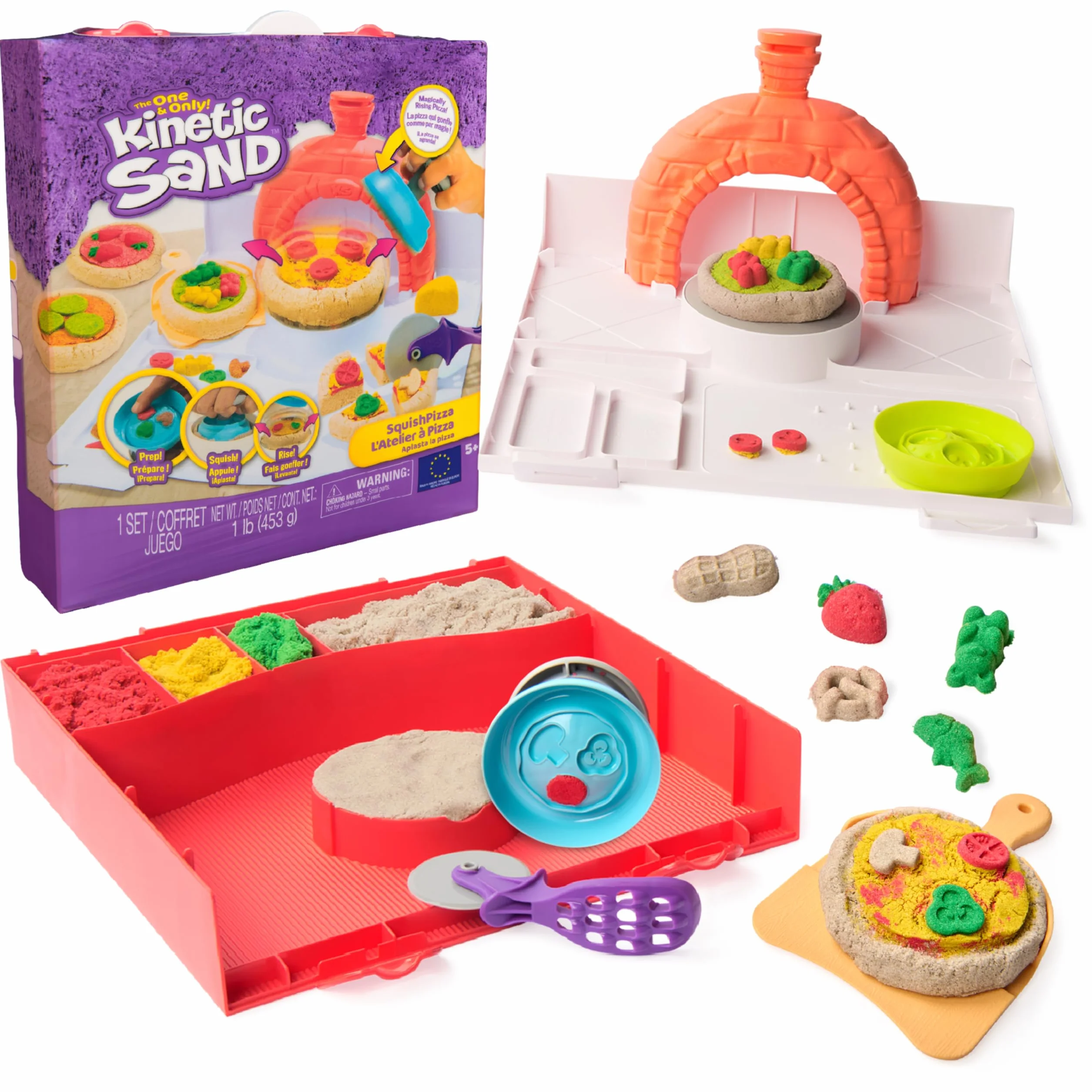 Kinetic Sand, zestaw SquishPizza Rising Pizza z 450 g piasku do zabawy i 5 narzędziami, zabawki dla dziewczynek i chłopców w wieku od 5 lat