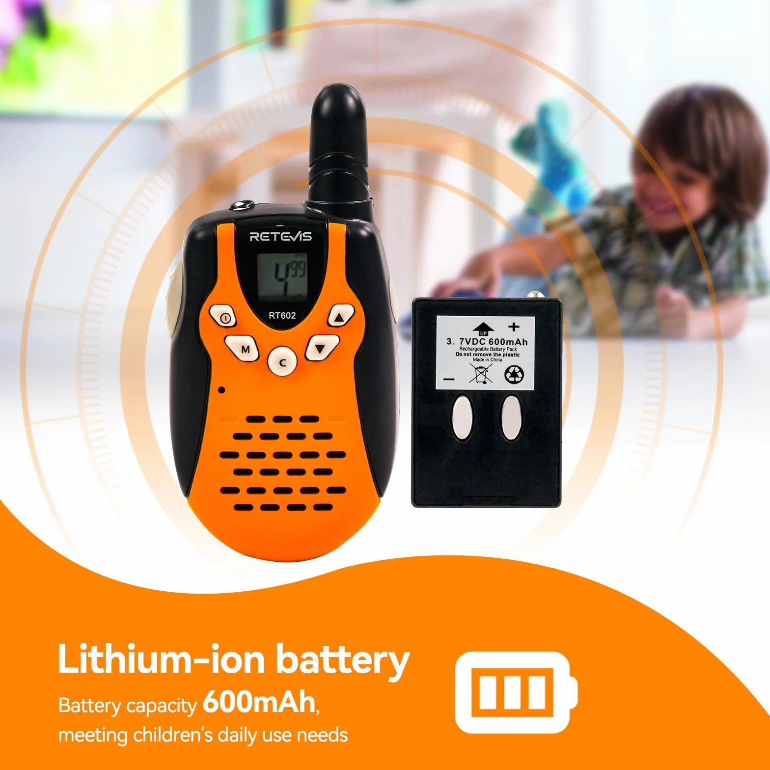 Retevis RT602 Kids Walkie Talkies Akumulator PMR446 8-kanałowy Latarka VOX Dzieci Walkie Talkie z bateriami litowo-jonowymi i ładowarką (pomarańczowy, 1 para)