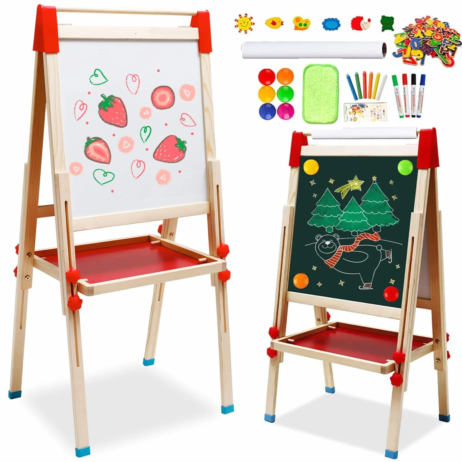 Sztaluga dziecięca 3 w 1, drewniana tablica z rolką papieru, dwustronna, z regulacją wysokości, tablica stojąca 68-114 cm, uniwersalna tablica dla dzieci z akcesoriami do malowania, tablica do