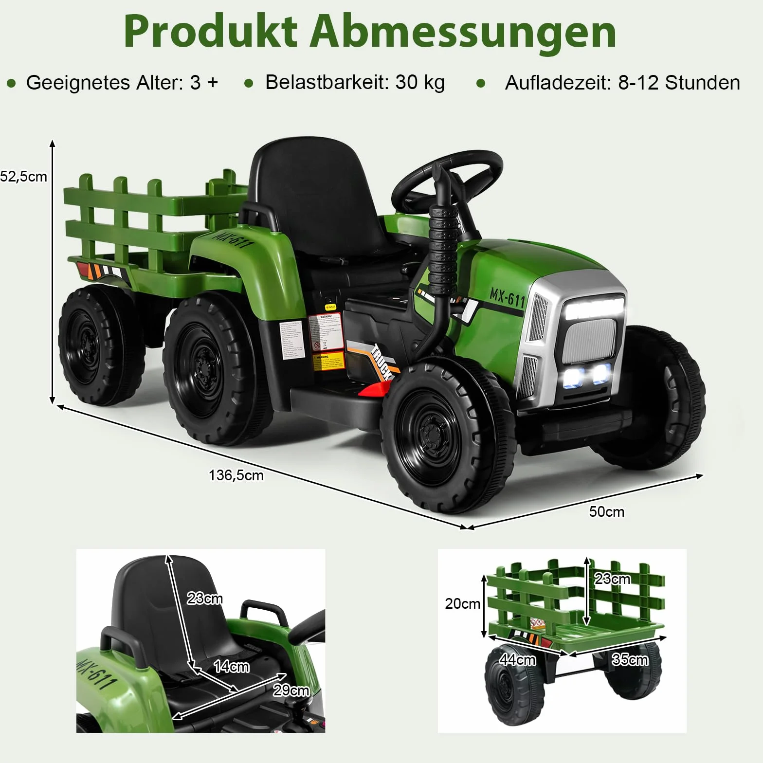 COSTWAY Traktor 12 V, 3-biegowy ze zdejmowaną przyczepą i pilotem zdalnego sterowania 2,4 G, traktor do siedzenia dla dzieci ze światłami LED, muzyka, klakson i funkcje USB, odpowiedni dla dzieci od 3