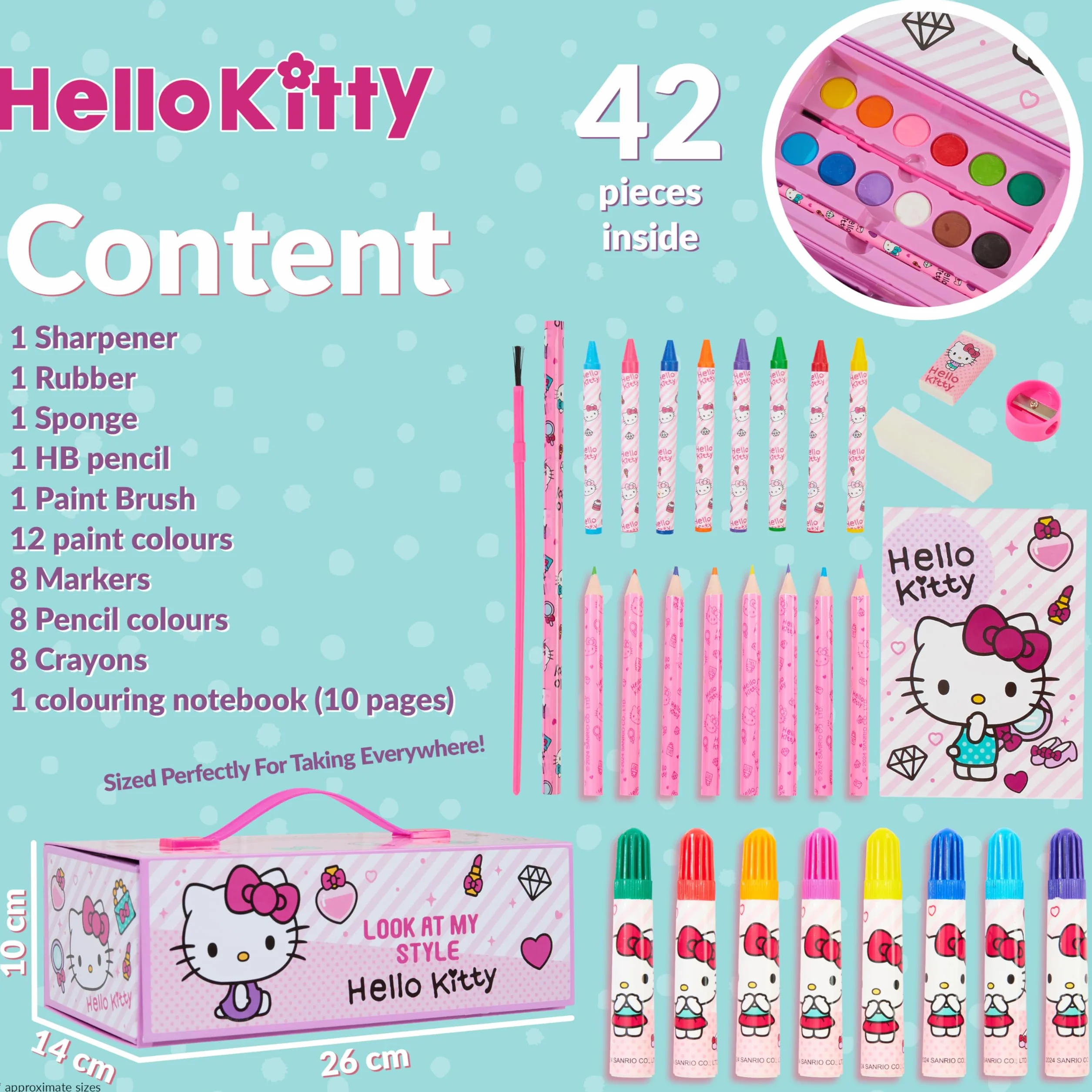 Hello Kitty Zestaw artystyczny do malowania dla dzieci, rysowanie, kolorowanie, anime, artykuły pa, w walizce podróżnej, prezenty kawaii dla dziewcząt (różowy Hello Kitty 3 poziomy)