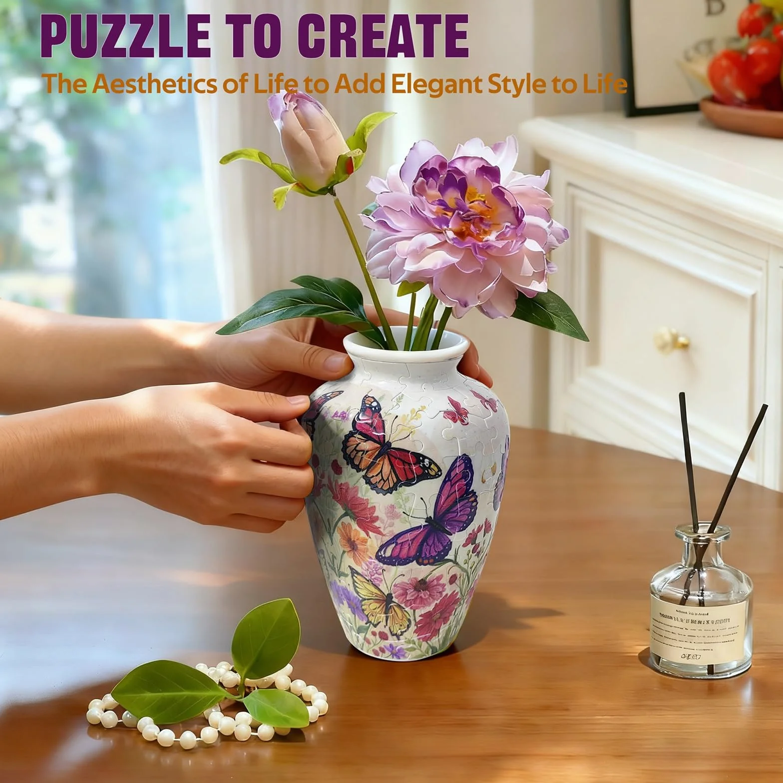 Wazon 3D dla dorosłych, 120 sztuk, puzzle DIY, zakrzywione puzzle 3D z kolumną wody, idealne do eksponowania prawdziwych lub sztucznych kwiatów i kompozycji kwiatowych (białe kwiaty)