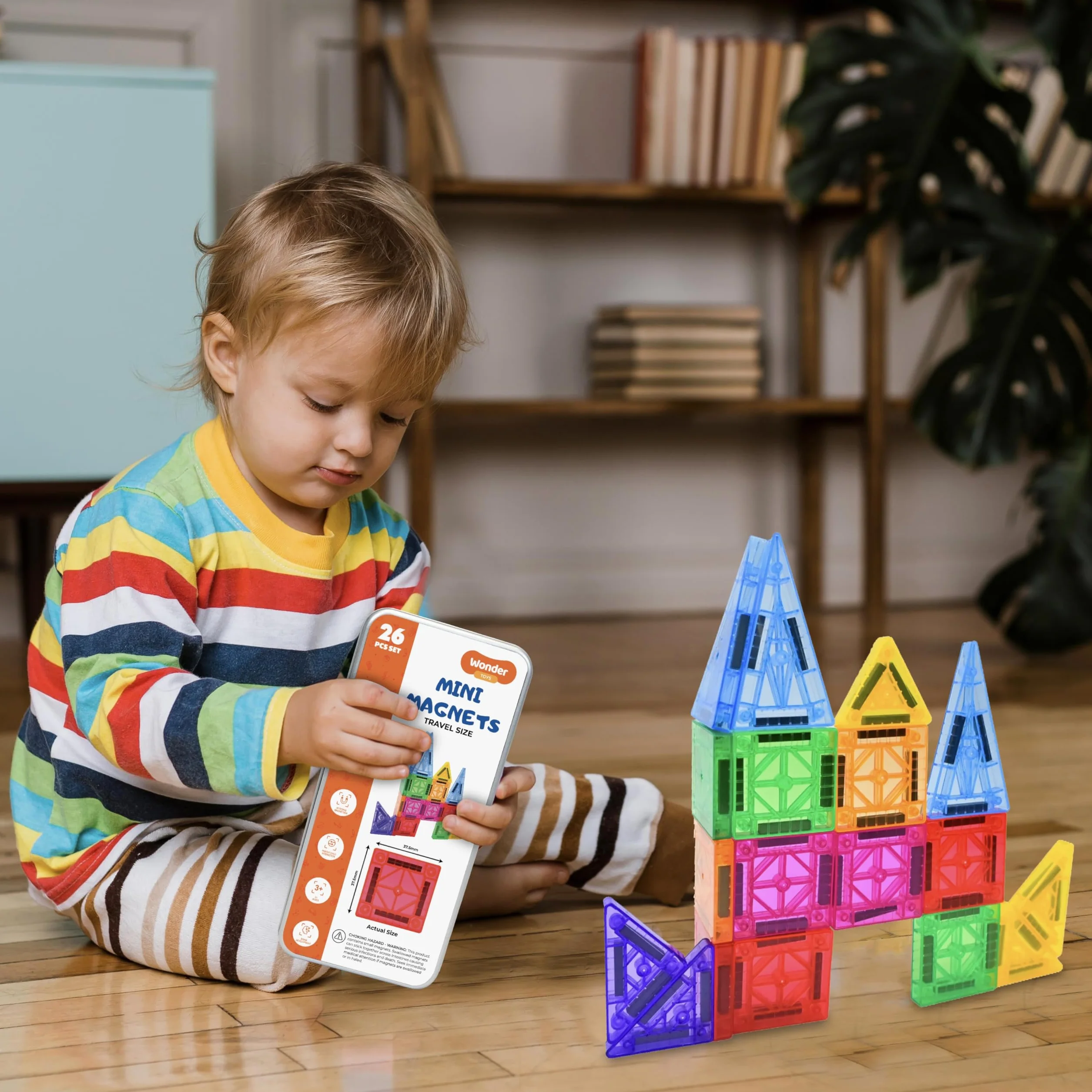 Wonder Toys Mini bloki magnetyczne – 26-częściowy zestaw podróżny, oryginalna magnetyczna zabawka budowlana dla chłopców i dziewczynek w wieku 3-7 lat. Idealne do kreatywnego budowania i nauki zabawy