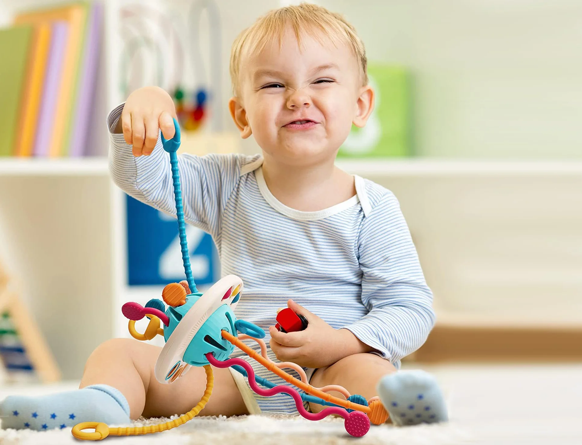 Montessori przyssawka, zabawka do gryzienia, zabawka podróżna, zabawka z drobnym motorem, wózek dziecięcy, zabawka silikonowa, do aktywności, zabawka sensoryczna od 6-18 miesięcy i dla małych