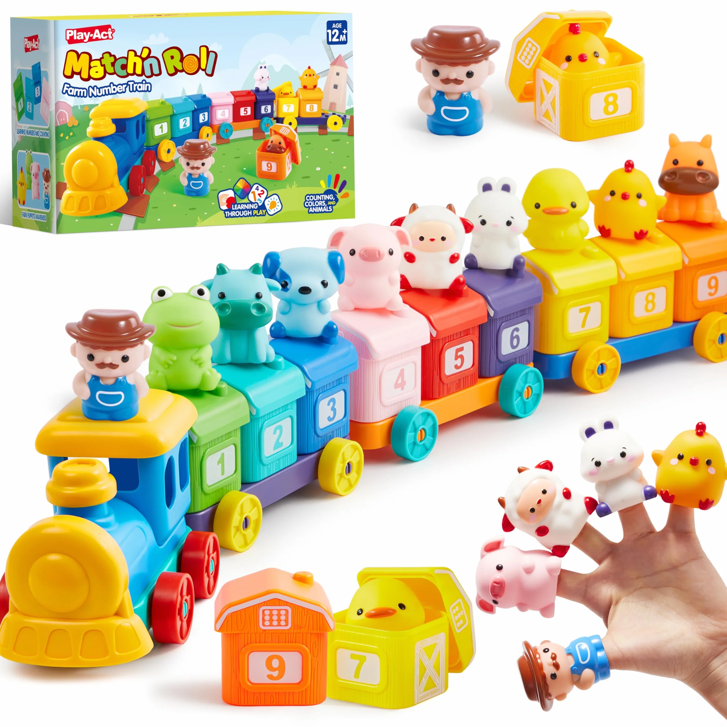 Play-Act Montessori zabawka dla dzieci od 1, 2, 3 lat, pociąg edukacyjny do liczenia, przyporządkowania i sortowania, w zestawie: 9 zwierząt gospodarskich i 1 rolnik, zabawka edukacyjna, prezent dla