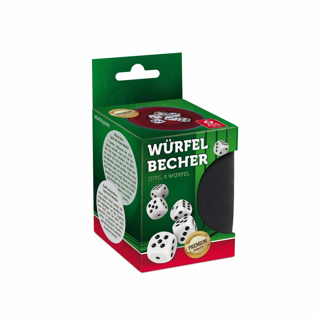 Würfelbecher mit 6 Würfeln, Aufh.-FS, VE 6