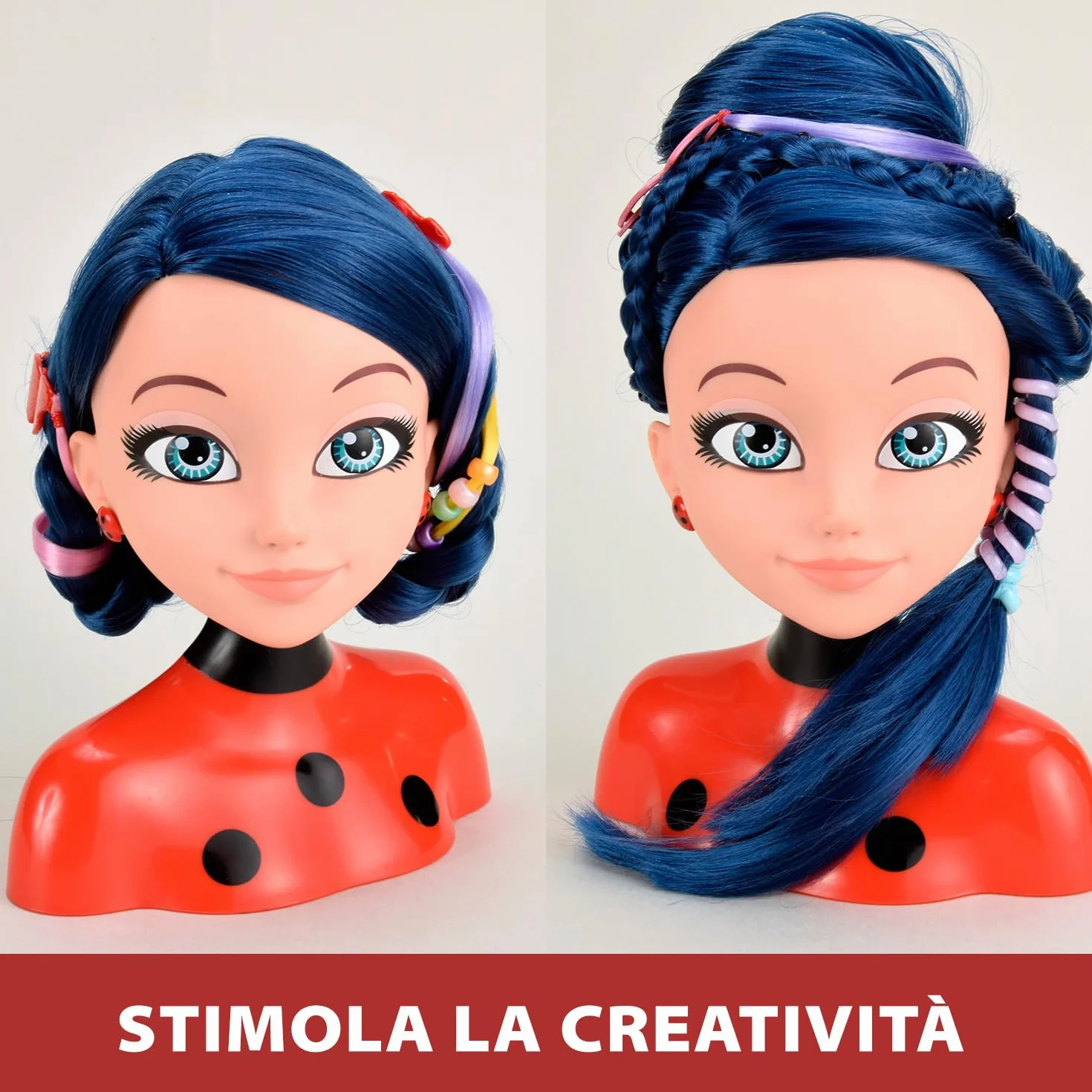 Bandai Miraculous Biedronka – Miraculous Deluxe głowica fryzjerska, 21 cm – głowica fryzjerska Marinette + 30 akcesoriów - P50247