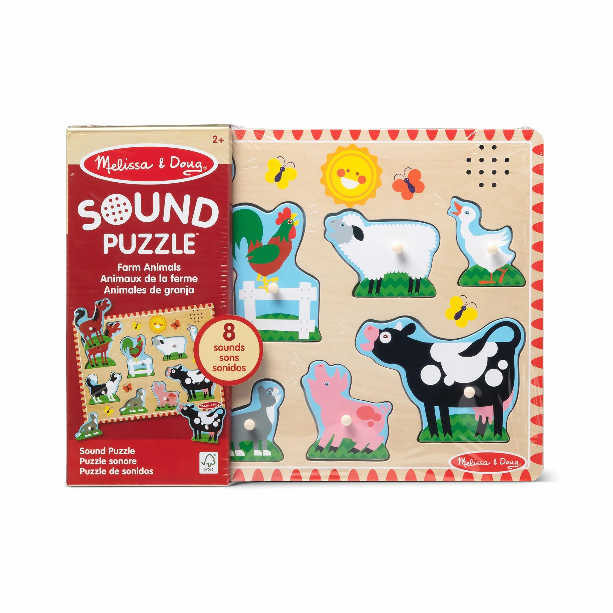 Melissa & Doug Puzzle dźwiękowe ze zwierzętami gospodarskimi, drewniane kołki, zabawka edukacyjna dla dzieci w wieku 2-4 lat