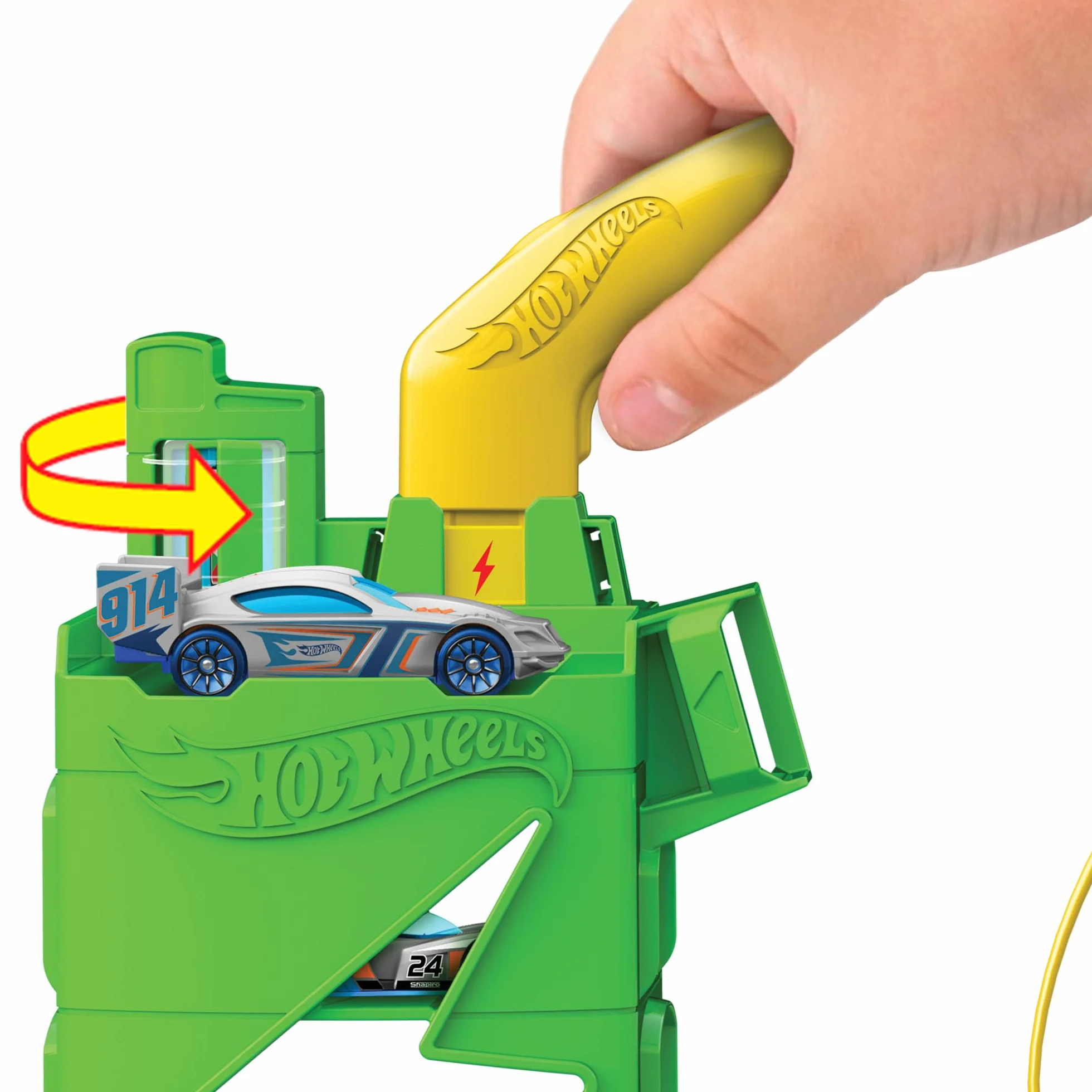 Hot Wheels Let's Race – Na start! - Netflix - Superstacja ładowania Zestaw z zabawkową stacją ładowania pojazdów elektrycznych i samochodzikiem w skali 1:64, HTN79