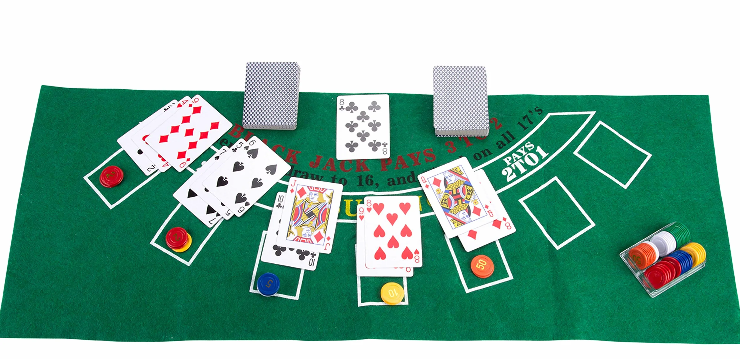 Engelhart – 320403 – Zestaw do ruletki amerykańskiej i blackjacka – dwustronna mata – żetony, karty i grabki krupiera – ruletka 30 cm, mata 60 x 45 cm