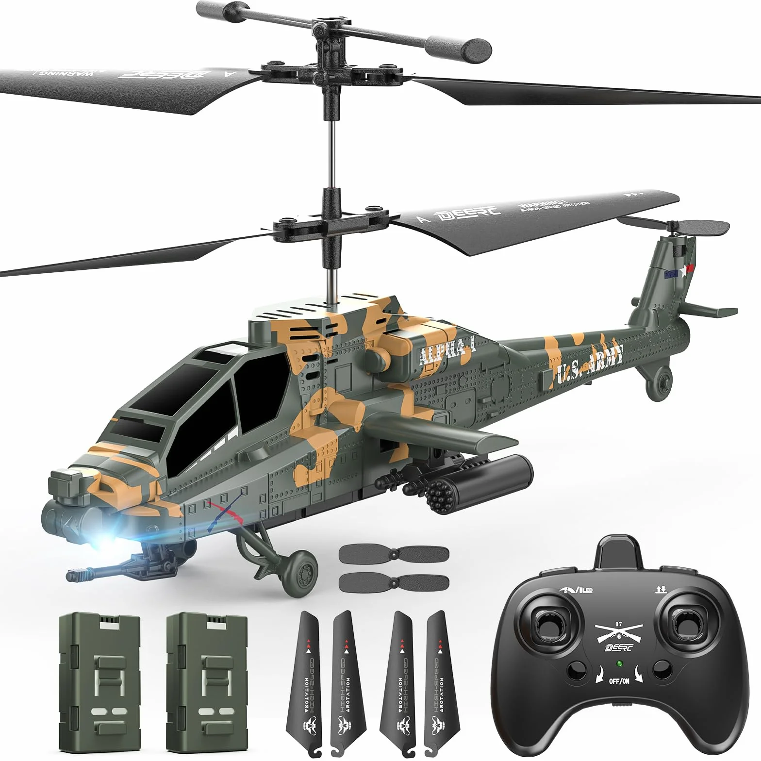DEERC Apache Helikopter RC 2,4 GHz Wojskowy 2 Baterie 26 Minut LED