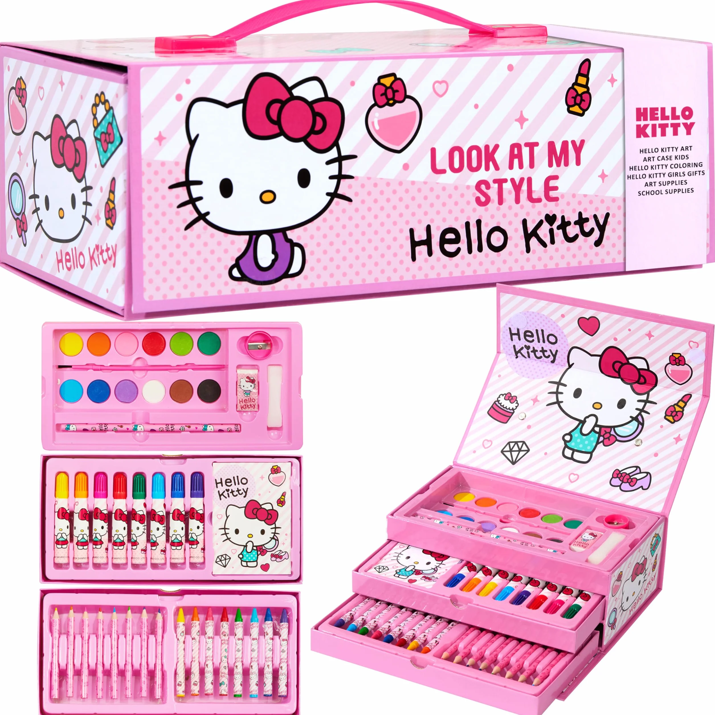 Hello Kitty Zestaw artystyczny do malowania dla dzieci, rysowanie, kolorowanie, anime, artykuły pa, w walizce podróżnej, prezenty kawaii dla dziewcząt (różowy Hello Kitty 3 poziomy)