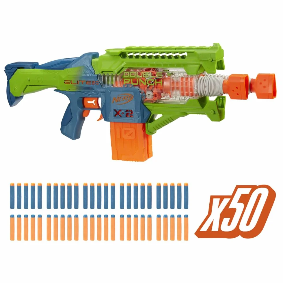 Zautomatyzowana wyrzutnia strzałek Nerf Elite 2.0 Double Punch, szybko zmieniające się lufy, 50 strzałek Nerf Elite, dwa 10-strzałkowe magazynki, wiek: od 8 lat
