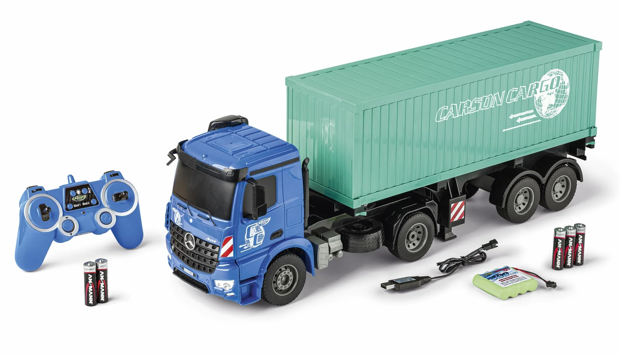 Carson 500907671 1:20 MB Arocs z kontenerem 100% RTR - Pojazd sterowany radiowo, ciężarówka z funkcjami dźwięku i światła, baterie i sterowanie radiowe, 30 minut jazdy