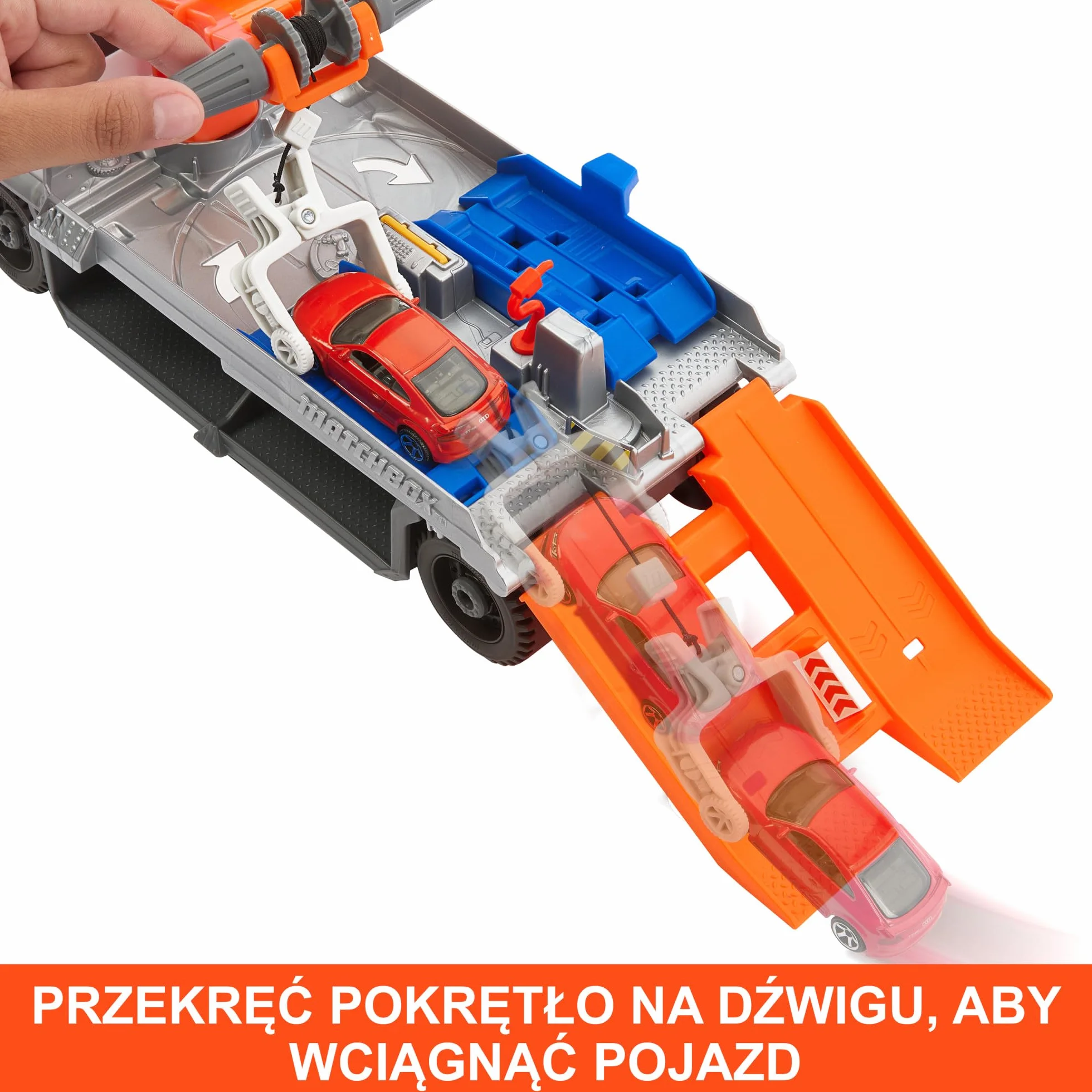 Matchbox HRY43 Prawdziwe Przygody Laweta Pomoc drogowa Zestaw z ciężarówką warsztatem Audi TT RS Coupe 1:64