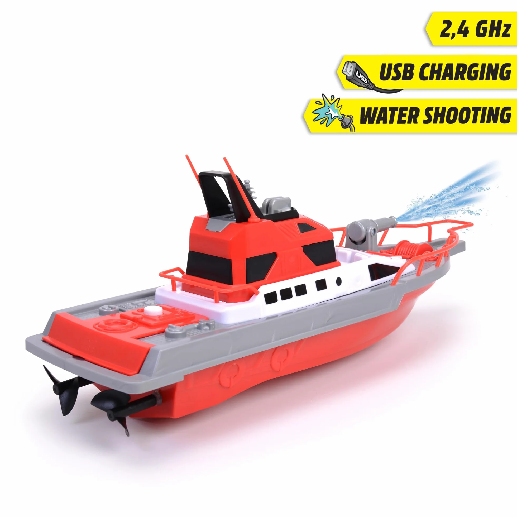 Dickie Toys Łódź Zdalnie Sterowana, Motorówka Straż pożarna 38 cm, wodoszczelna, prędkość 3 km/h, rozpylanie wody, zabawka wodna zdalne sterowanie łódką na basenie, nad jezioro, dla dzieci od 6 lat