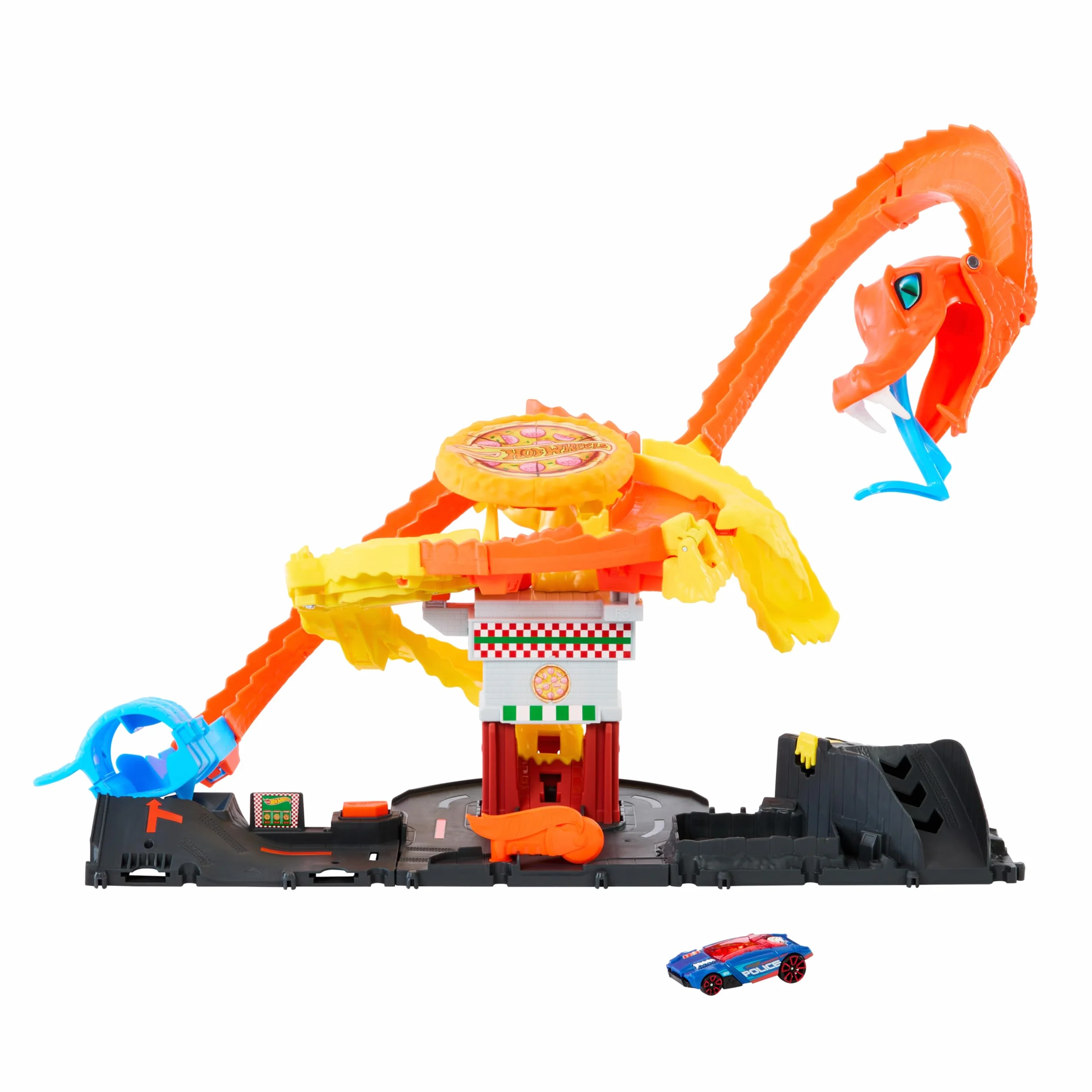 Hot Wheels City Let's Race – Na start! - Netflix - Odjazdowa pizza – Atak kobry Zestaw ze spiralnym torem w kształcie ogona kobry i autkiem w skali 1:64, HTN81