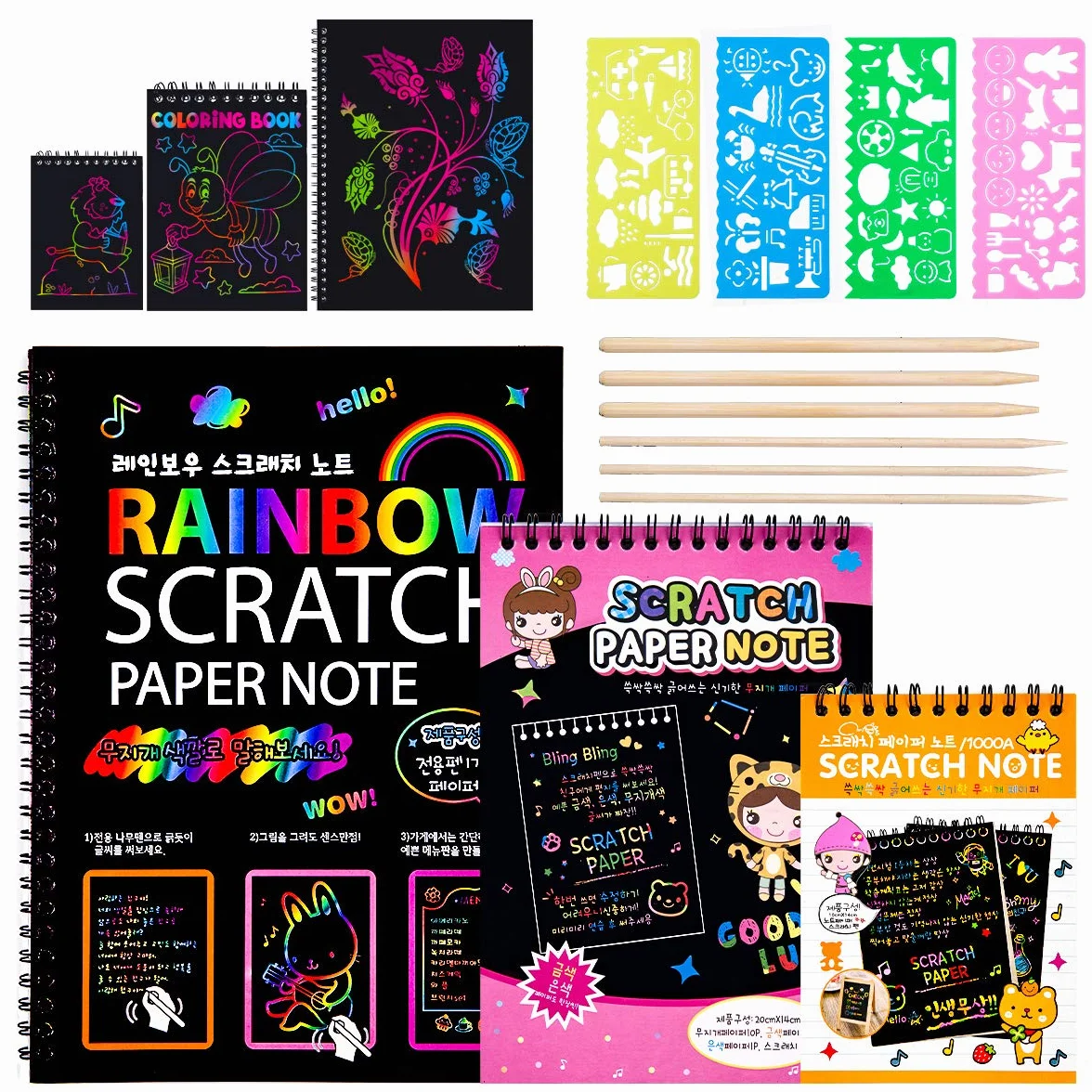 MELLIEX Scratch Art Notes per Bambini, Set di 3 Blocchi da Disegno Arcobaleno con 6 Penne e 4 Righelli