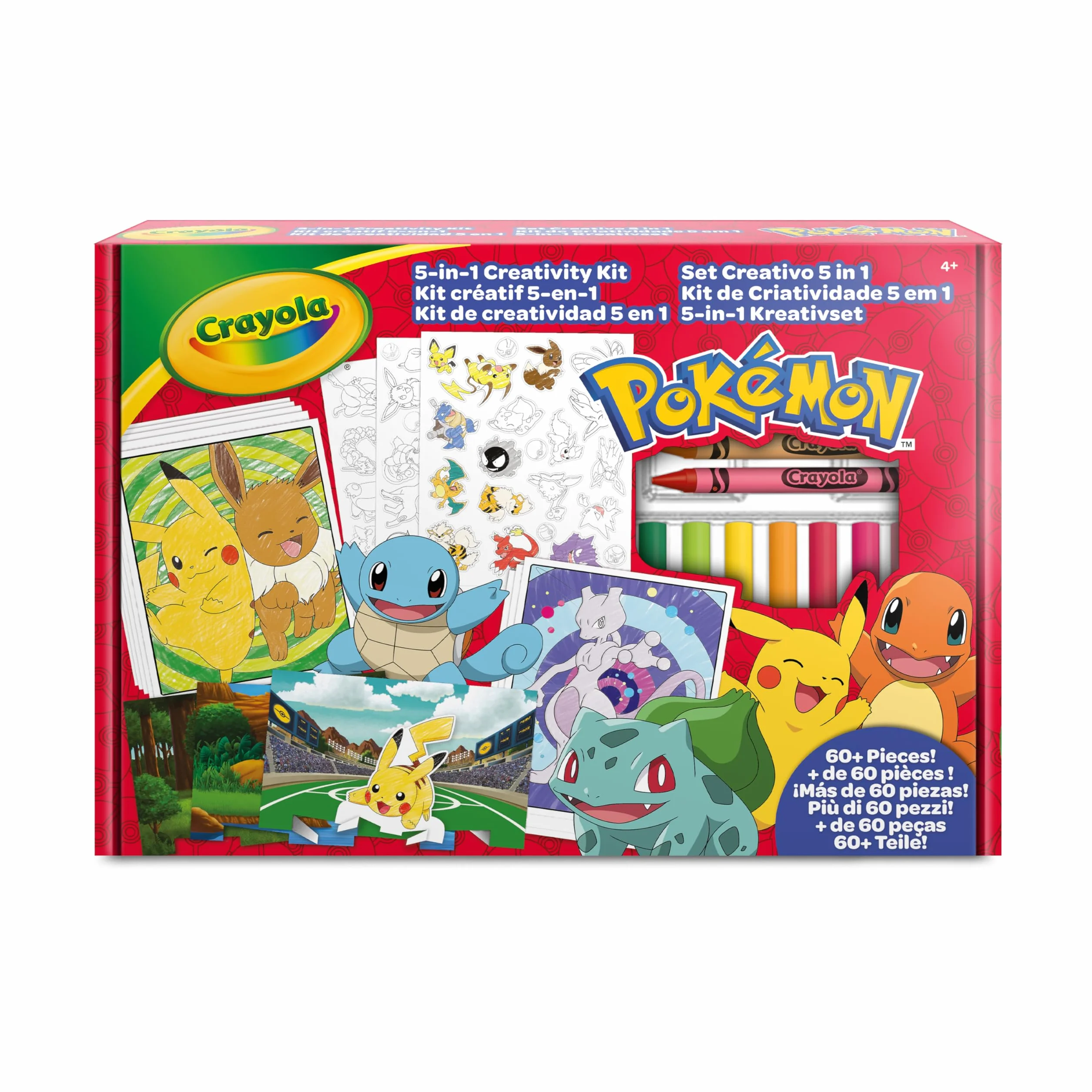 CRAYOLA - Zestaw do kreatywnego rysowania Pokemon 5 w 1, z kolorowankami, markerami, kredkami, naklejkami, 60 elementów, prezent dla chłopców i dziewczynek od 4 lat, pomysł na prezent i podróż