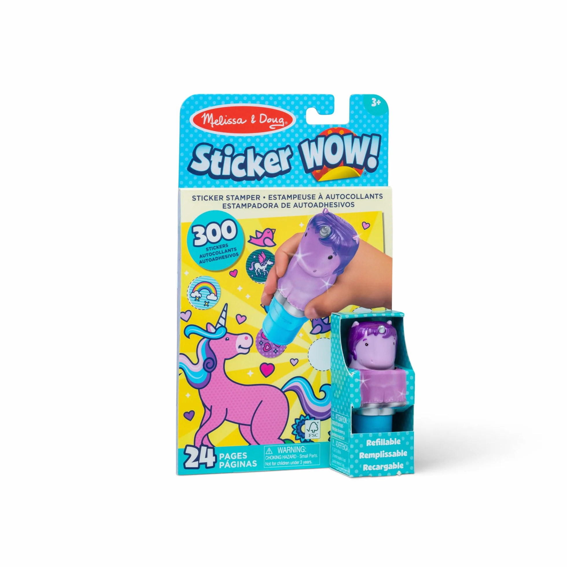 Melissa & Doug Naklejka Wow 24-stronny blok aktywności i pieczątka z naklejkami, 300 naklejek, zabawki dekoracyjne, do majsterkowania i zajęć do kolekcjonowania – błyszczący jednorożec