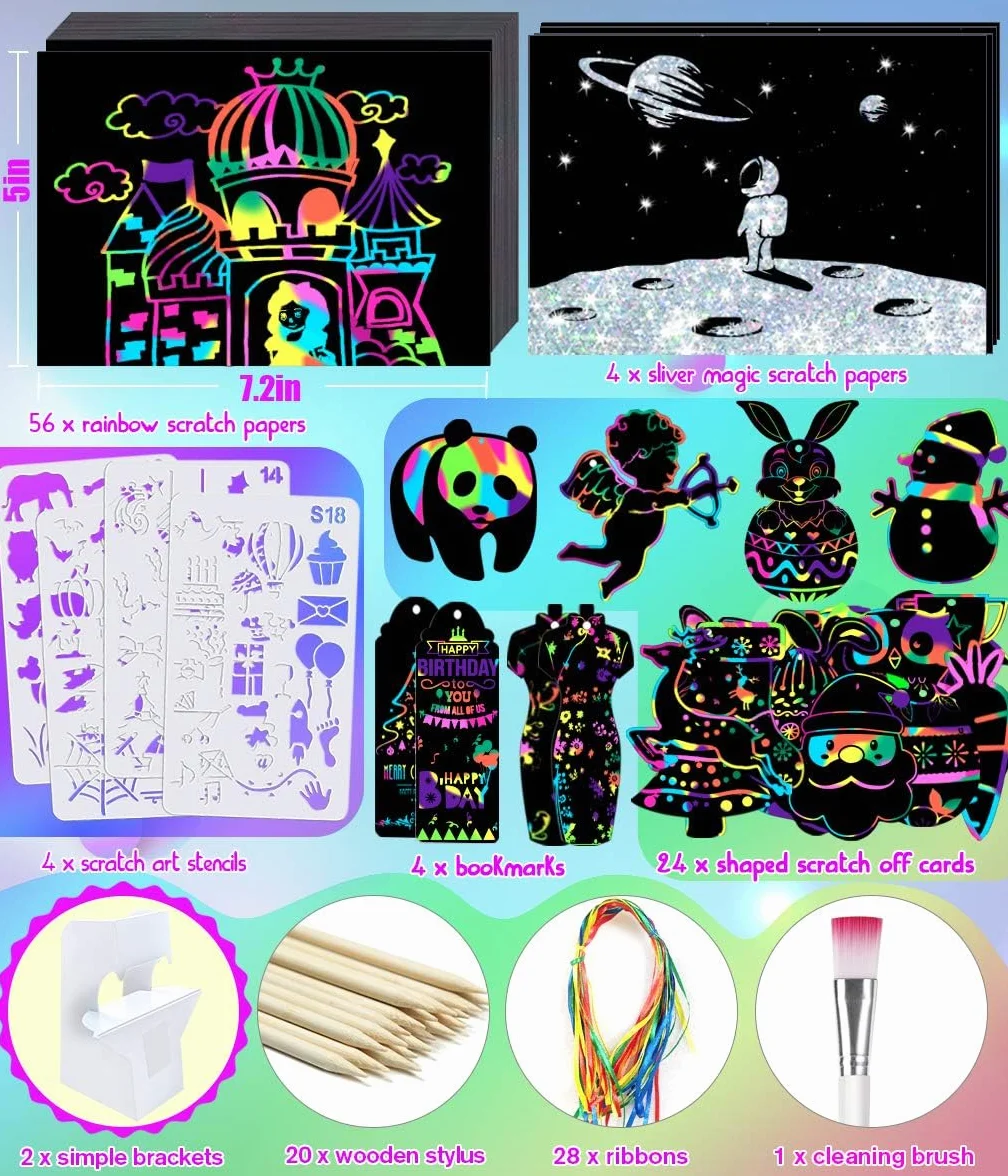 Scratch Art Dla Dzieci 143 Szt - Magiczny Tęczowy Papier Do Zdrapywania Notatki Karta Do Zdrapywania Zakładka Drewniany Rysik Materiały Artystyczne Zestawy Do Dla Narodzenie Urodziny Prezent