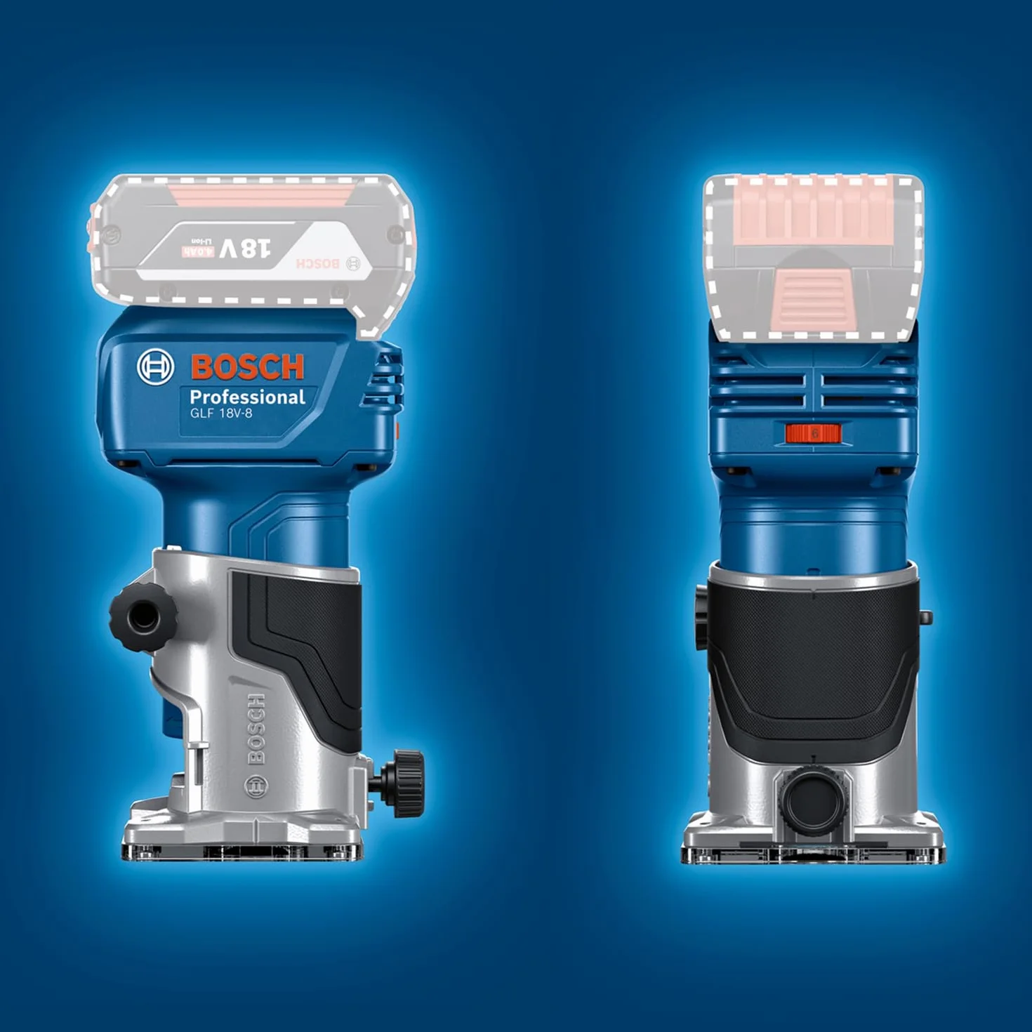 System prof. 18 V firmy Bosch: frezarka akum. GLF 18V-8 (prow. równ., adapter do ods. pyłu – frez. pow., adapter do ods. pyłu – frez. krawędzi, prow. rolk., tuleja zac. 8 mm, klucz, bez akum./ład.)