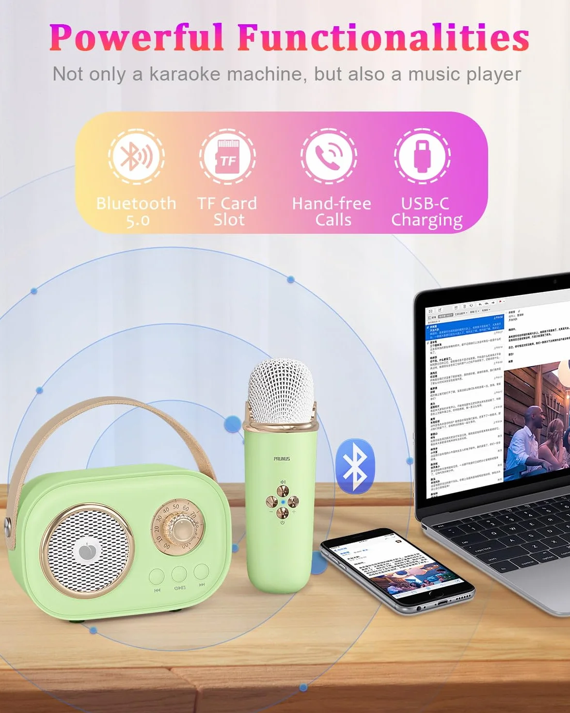 PRUNUS Maszyna do karaoke z zestawem mini mikrofonu, przenośny głośnik Bluetooth, bezprzewodowy mikrofon, wzmocniony bas