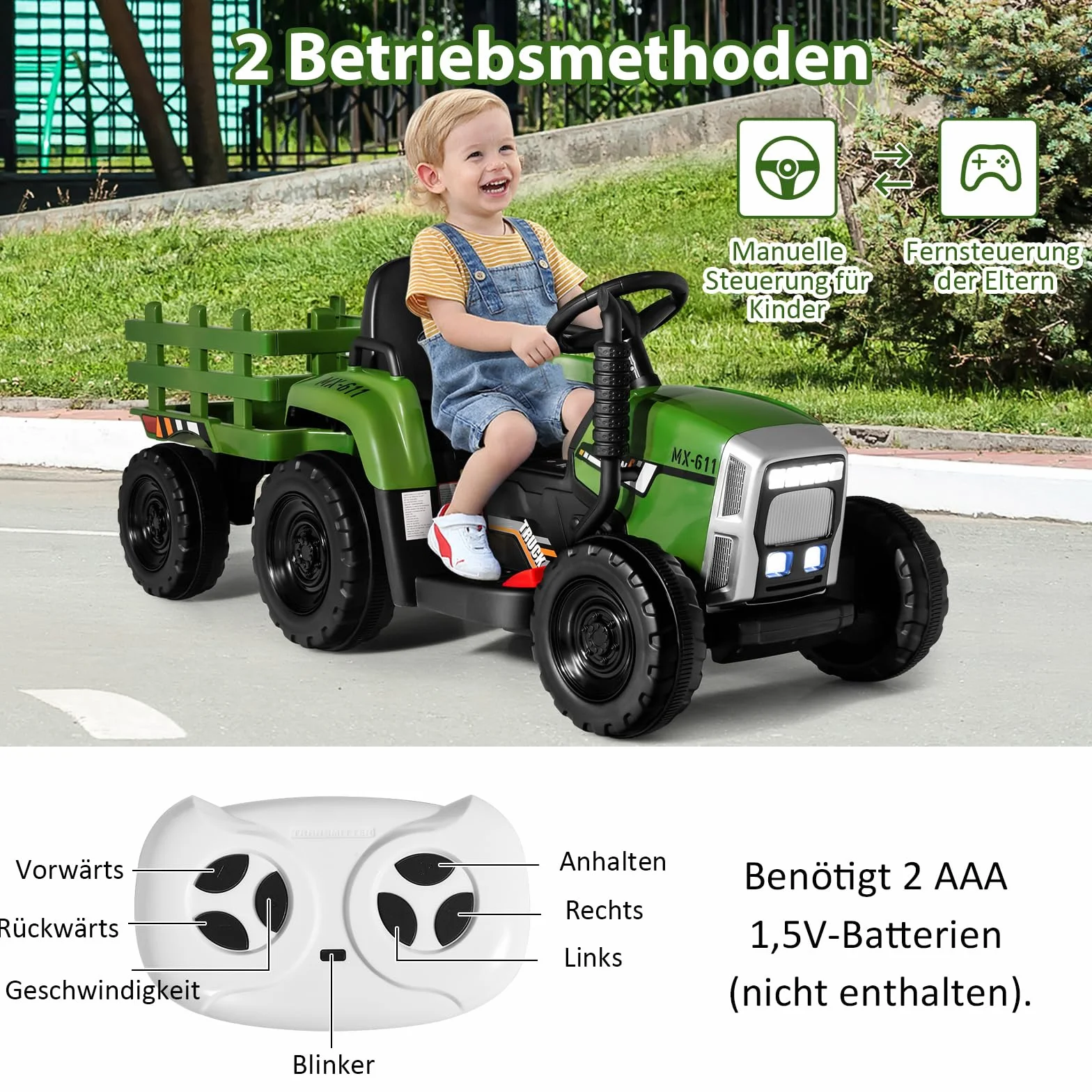 COSTWAY Traktor 12 V, 3-biegowy ze zdejmowaną przyczepą i pilotem zdalnego sterowania 2,4 G, traktor do siedzenia dla dzieci ze światłami LED, muzyka, klakson i funkcje USB, odpowiedni dla dzieci od 3