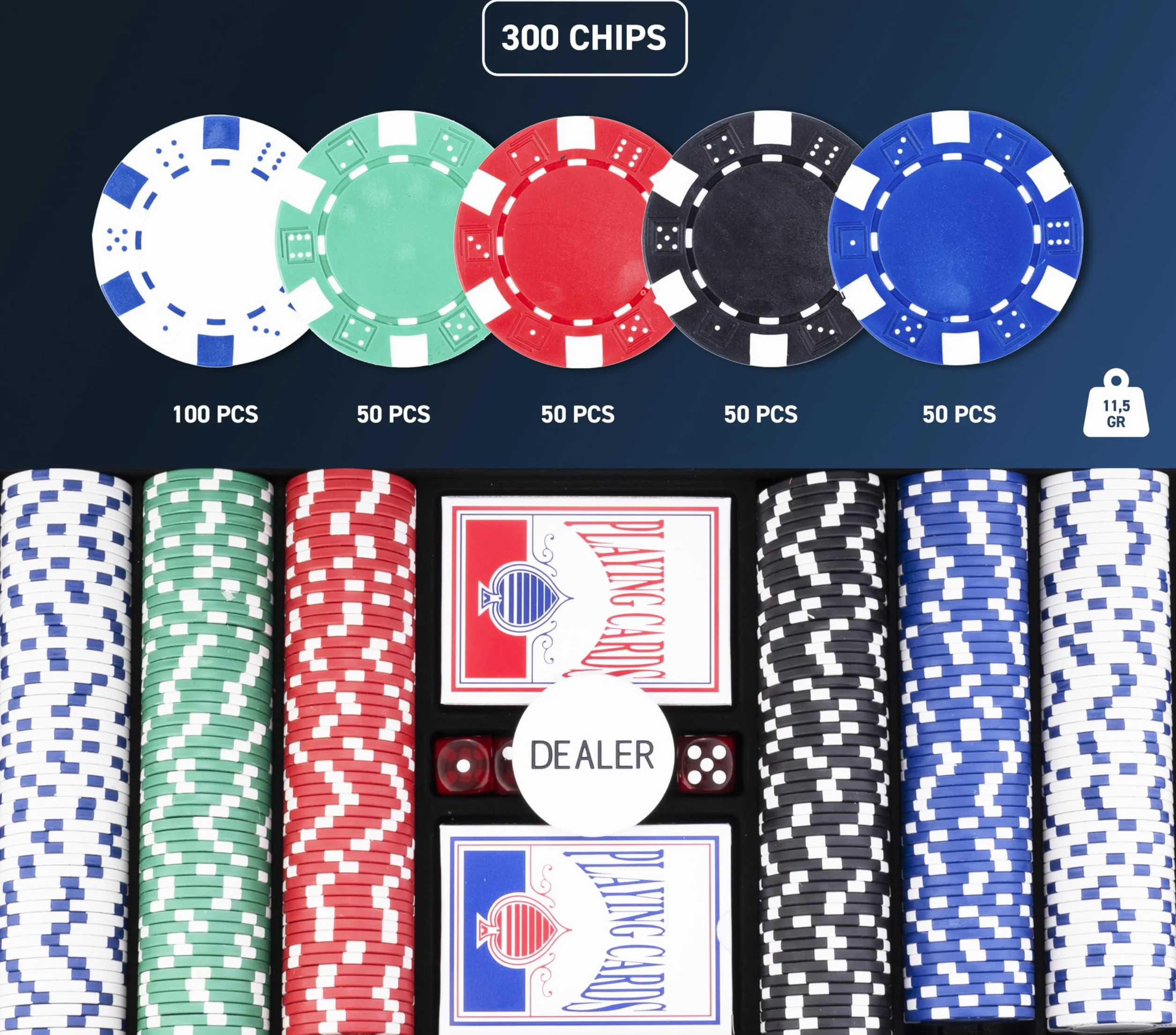 Engelhart – 320910 – Zestaw pokerowy – srebrna walizka – 300 żetonów 11,5g bez numerów – 2 talie – 3 przyciski – 5 kości