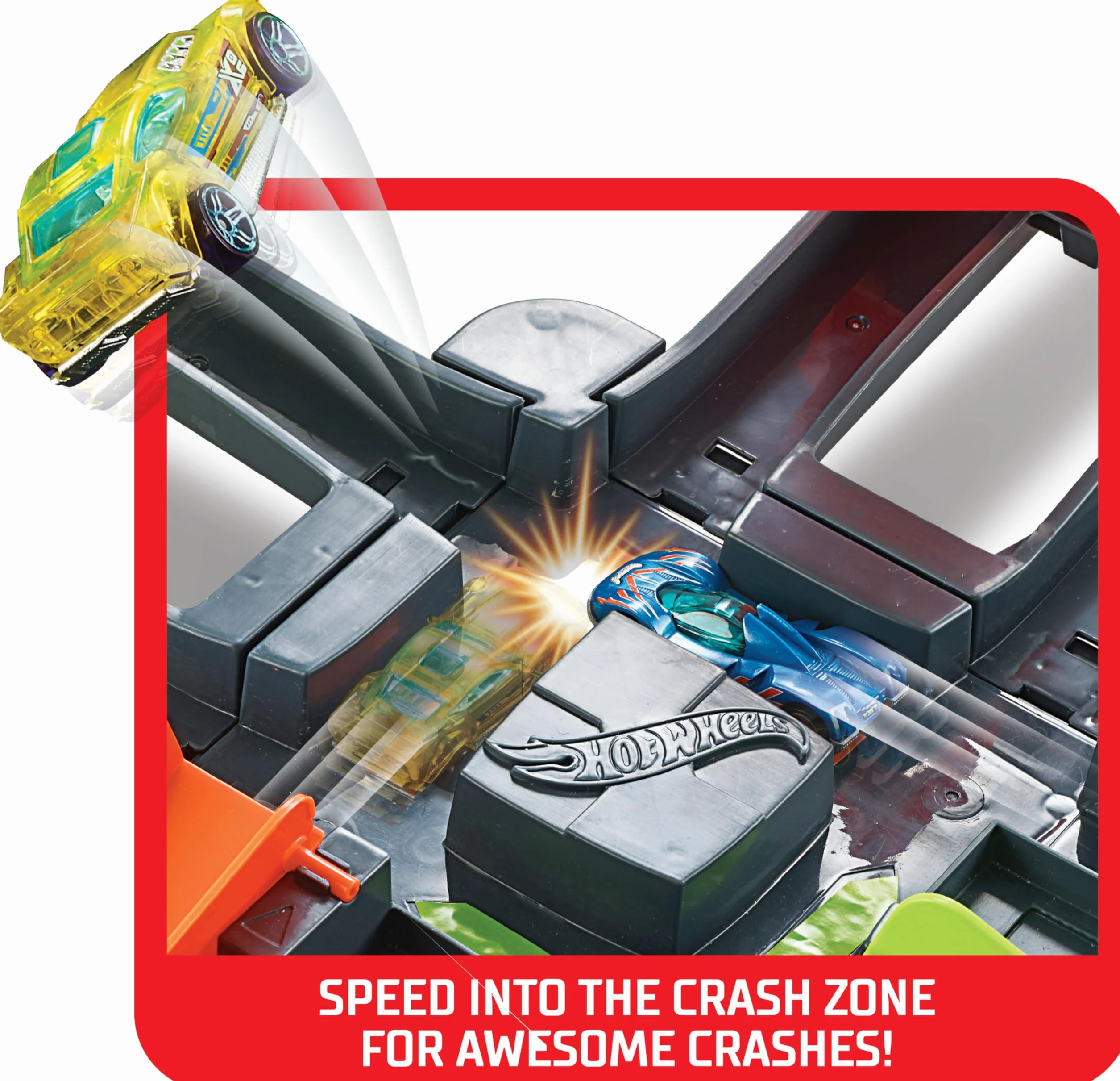 Hot Wheels GFH87 Super Mega Crash duża tora wyścigowa z 8 zakrętami w rozmiarze XXL 1,5 m szerokości zestaw do gry z przyspieszeniem, zabawka dla dzieci od 5 lat, zastrzeżone różnice w opakowaniu