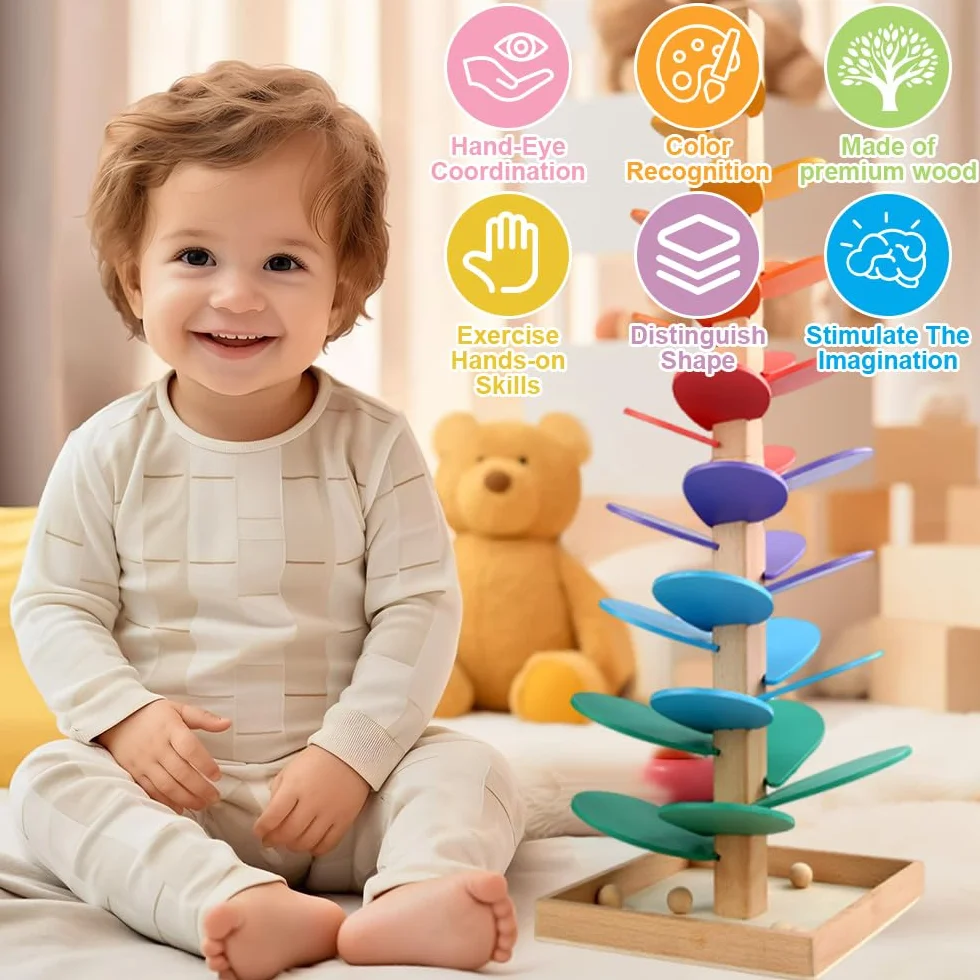 Drewniana wieża dźwiękowa, 72 cm, tęczowa kolejka dla kulek od 1 roku, duża kolejka kulkowa z 10 kulkami i 6 kolorowymi poziomami, Montessori tęczowa wieża drewniana