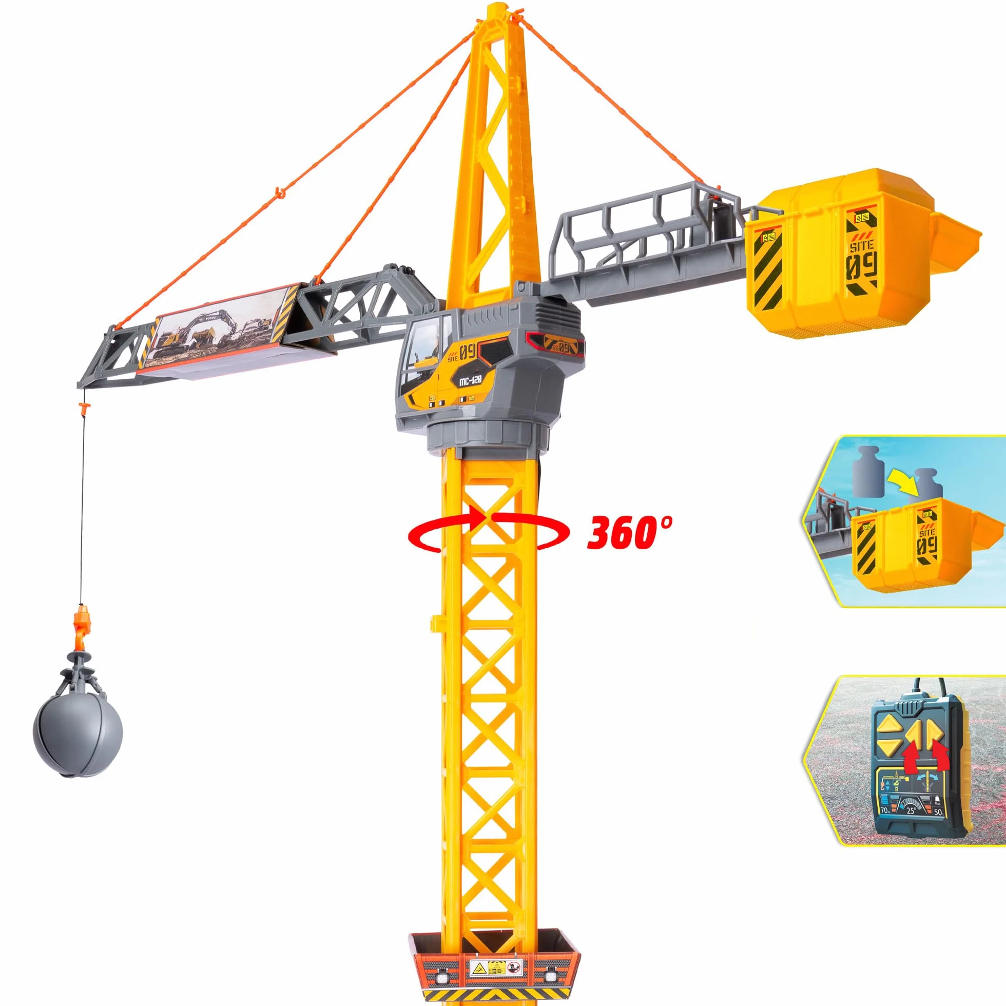 Dickie Toys 203729022 Volvo Dźwig Zdalnie sterowany, obrót 360°, kula wyburzeniowa z funkcją otwierania i chwytania przedmiotów, wysokość: 110 cm.