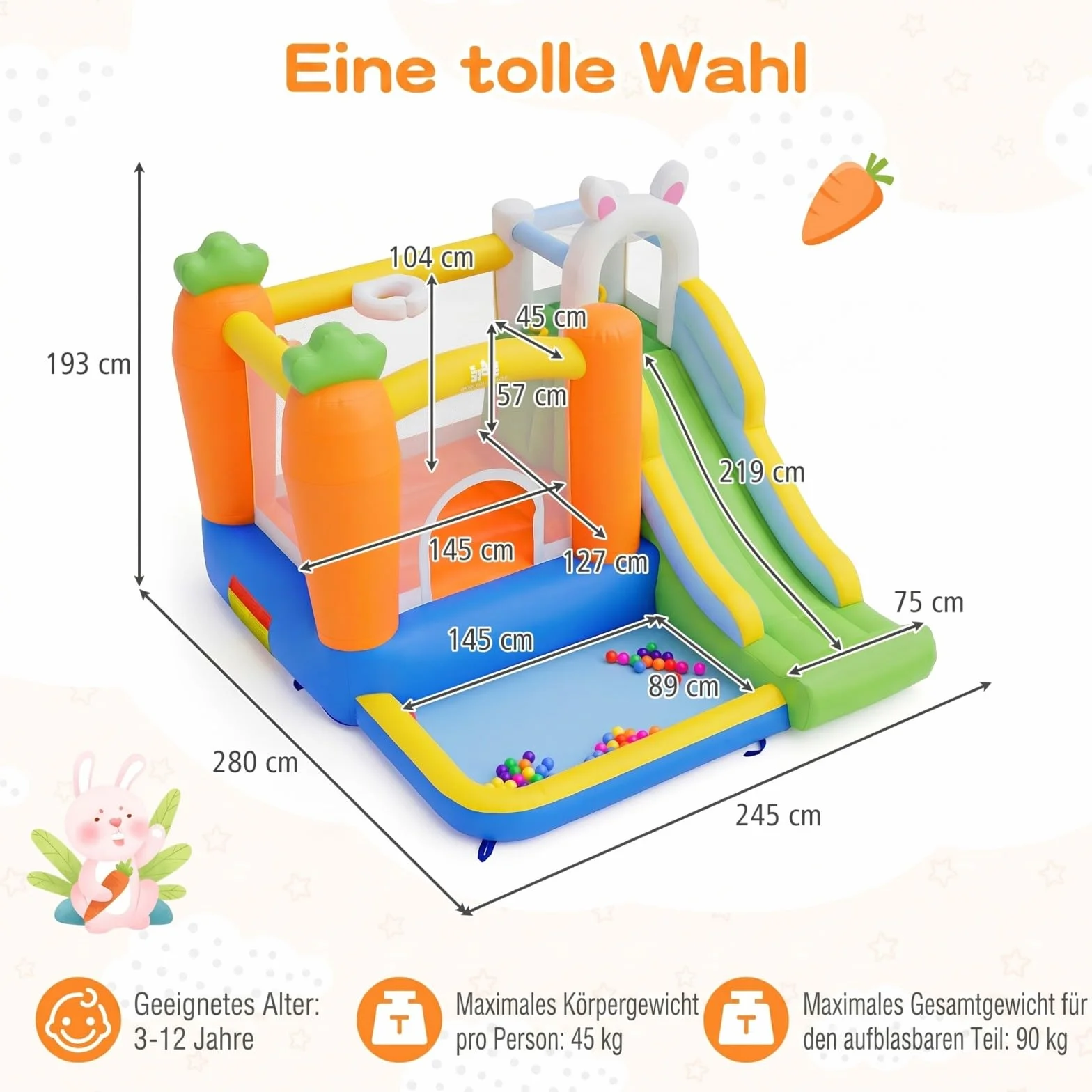 COSTWAY Dmuchany zamek ze zjeżdżalnią, obszar do skakania, kosz do koszykówki, ścianka wspinaczkowa, basen z piłkami i 50 piłek, zamek Bouncy dla dzieci, do użytku wewnątrz i na zewnątrz, 280 x 245 x
