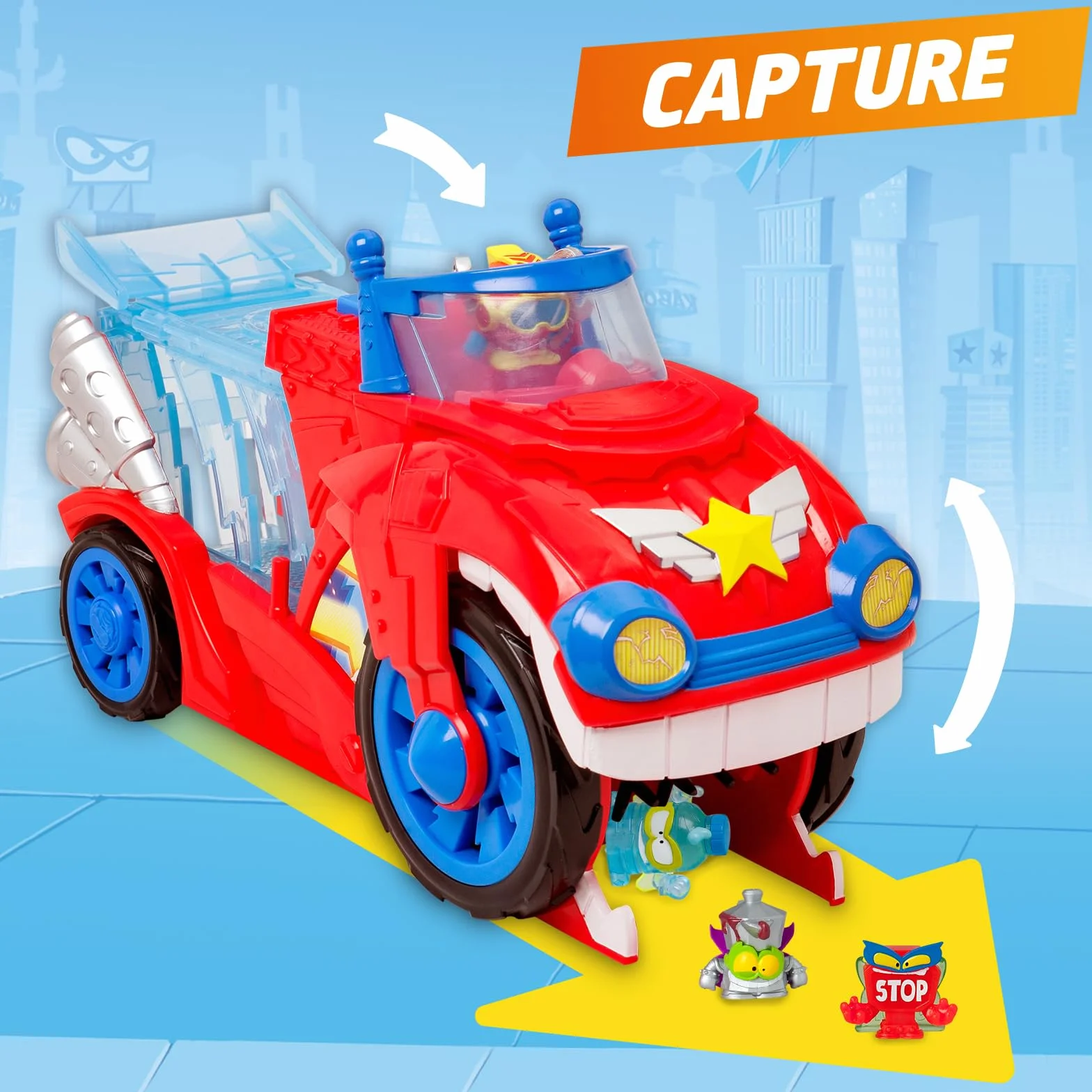 SUPERTHINGS – Bite Attack. Pojazd Doc Vrooma z serialu „SuperThings Kazoom Power”. Zawartość: 1 pojazd Bite Attack, 1 ekskluzywny Doc Vroom, 1 odczepiane więzienie