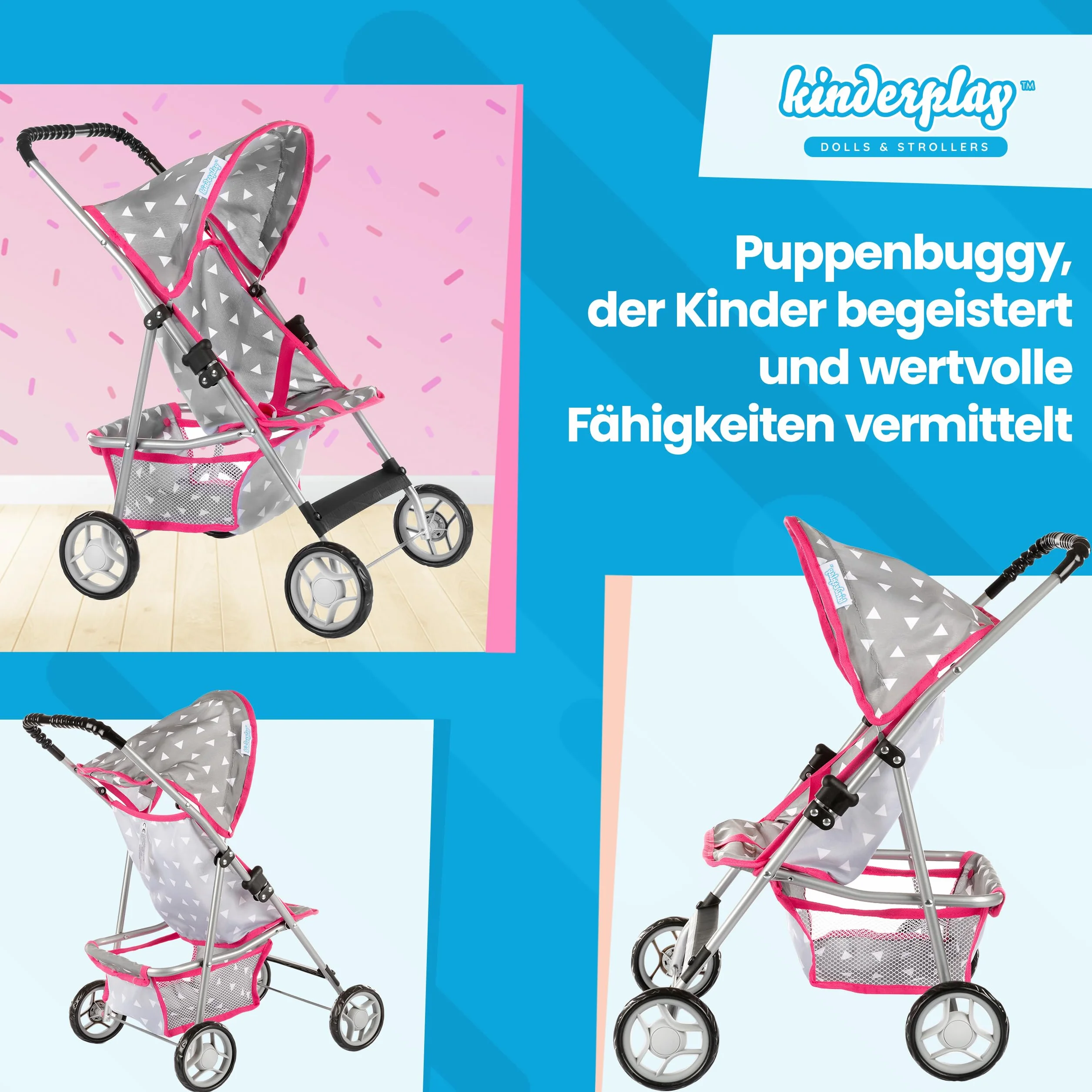 Kinderplay Wózek dla lalek, wózek dziecięcy, wózek dla lalek, wózek z pasem bezpieczeństwa i siatką na zakupy – zabawka dla niemowląt, nowoczesne, lekko obracające się kółka i miękka rękojeść, KP0280S