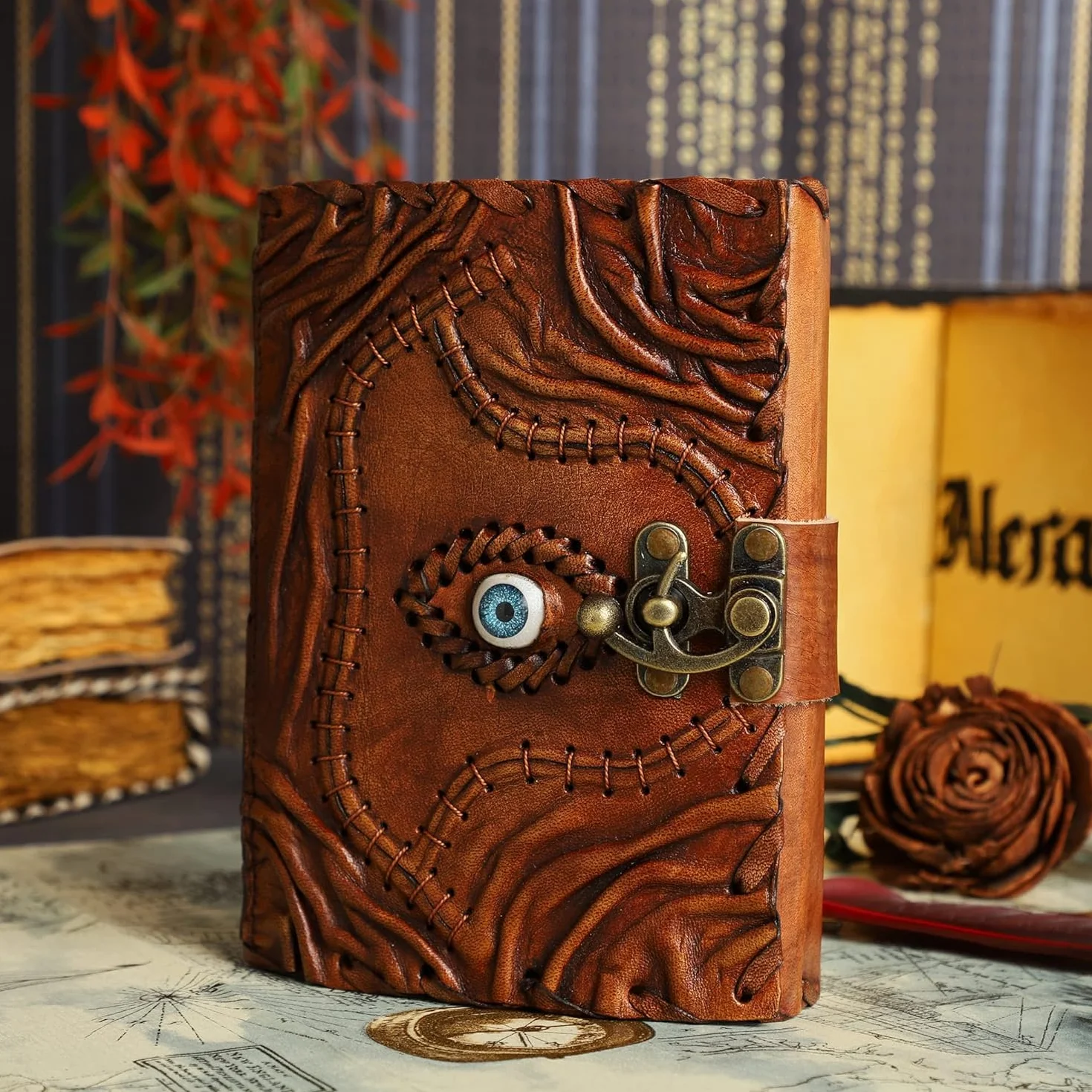 Hocus Pocus Księga Zaklęć Skórzany Dziennik Krawędź Papier Grimoire Journal Trzecie Oko Vintage Skórzany Dziennik Księga Cieni Dziennik Antyczny Zaklęcie Książka Wiedźmy Dziennik Zamek Zapięcie Notatnik 18 x 12 cm