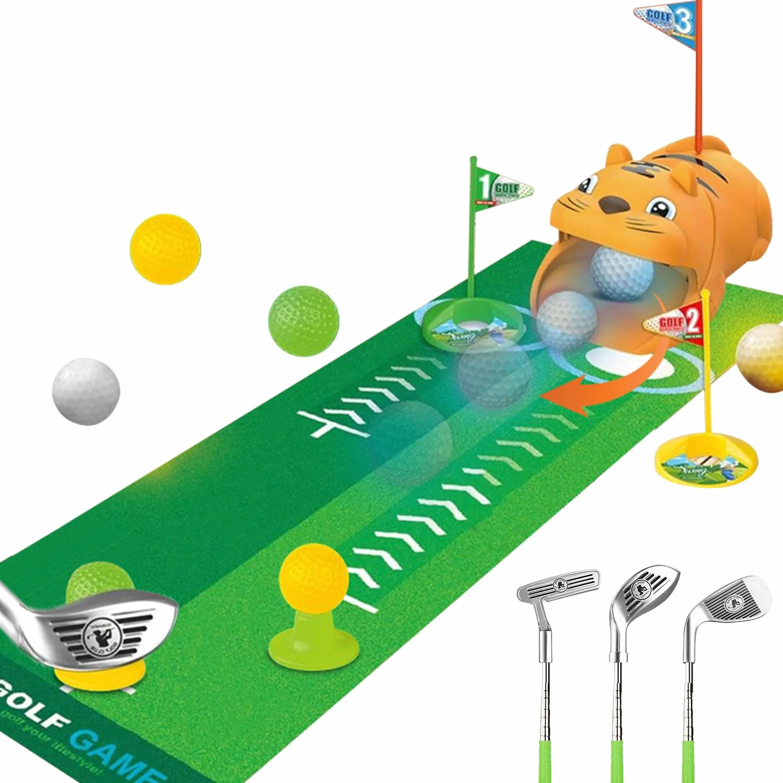 Zestaw do mini golfa dla dzieci, zestaw zabawek do golfa, 18 sztuk zestaw do gry w golfa z walizką do użytku wewnątrz i na zewnątrz z 3 kijami golfowymi, 8 piłkami golfowymi, mata do puttingu zabawka