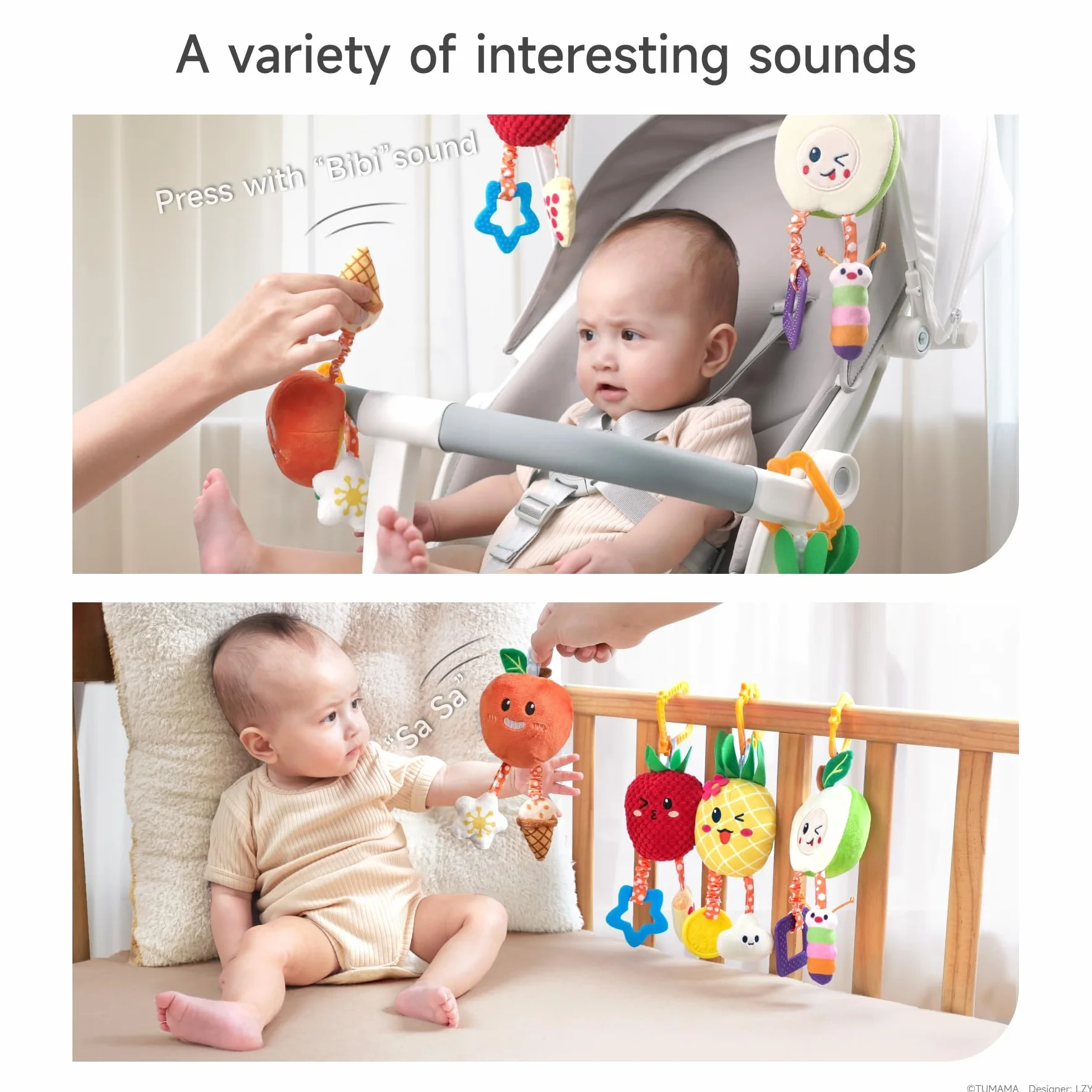 OR OR TU Zabawki dla niemowląt 0 3 6 9 12 miesięcy Łańcuch do wózka z gryzakiem Dzwonek 4szt Śliczne owoce Grzechotka dla niemowląt Gondola do łóżeczka Zabawka do wózka na prezent dla niemowląt