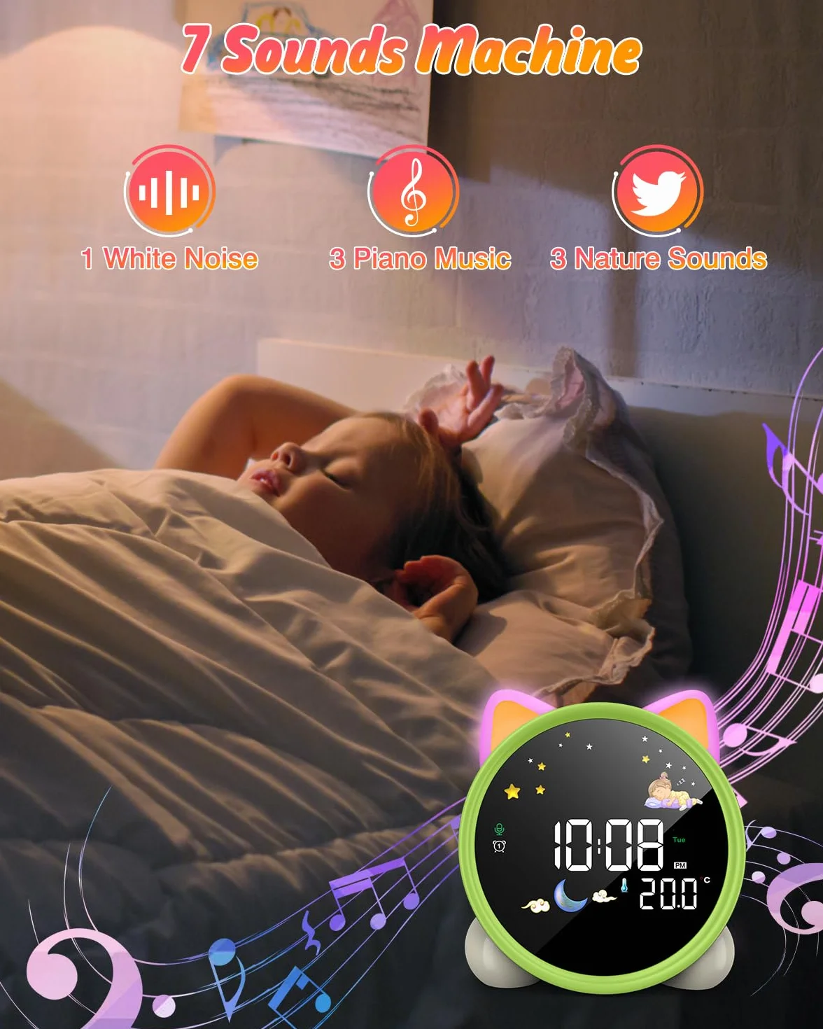 Lemnoi Budzik dla dzieci, zegar trenera snu dla dzieci, zegar OK to Wake z trybem słońca i księżyca, odliczanie/timer, podwójny alarm, regulowane światło nocne, muzyka do spania, drzemka, temperatura