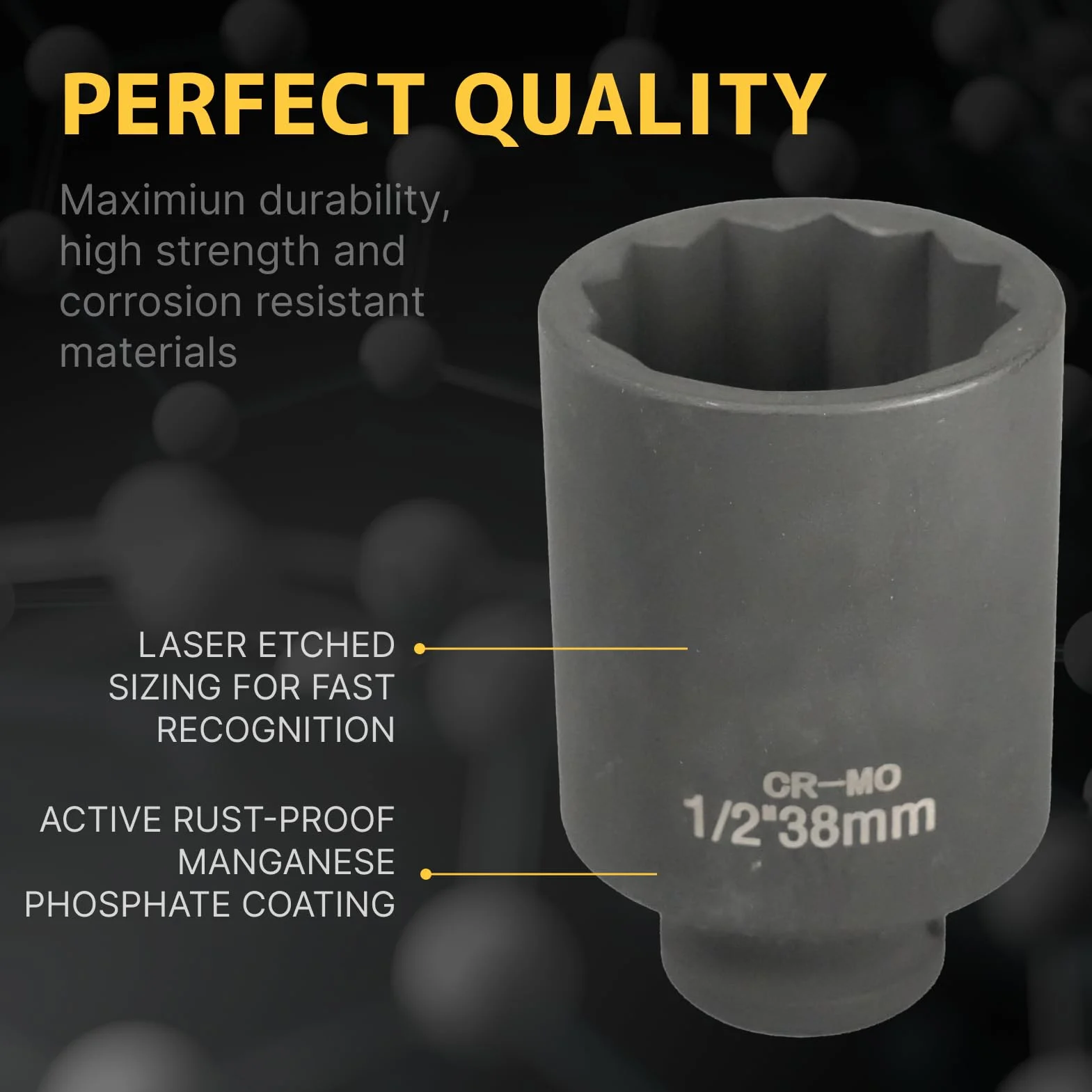 Gniazdo 38mm 1/2" 12-kątowe, nasadka udarowa 1/2 38 mm stal chromowo-molibdenowa CR-MO(czarna)