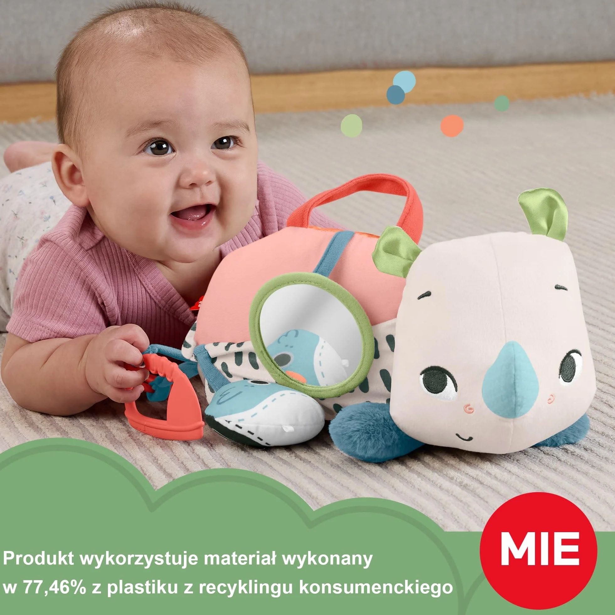 Fisher-Price Planet Friends Nosorożec aktywizujący Miękka zabawka sensoryczna do zabawy na brzuszku, HYR55
