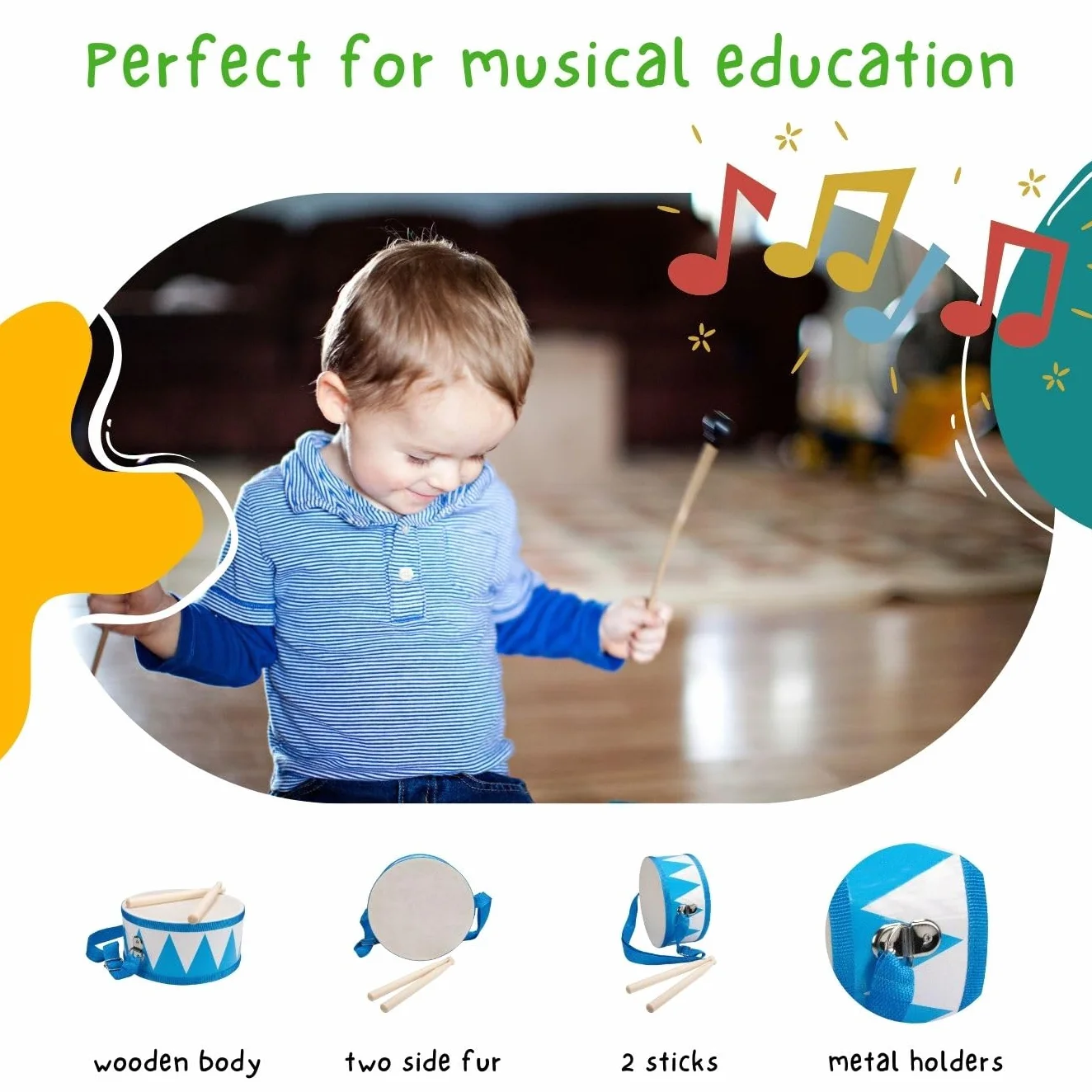 Bęben dla dzieci niebiesko-biały instrument muzyczny z drewna z paskiem do noszenia i pałeczkami D: 20 cm-3845