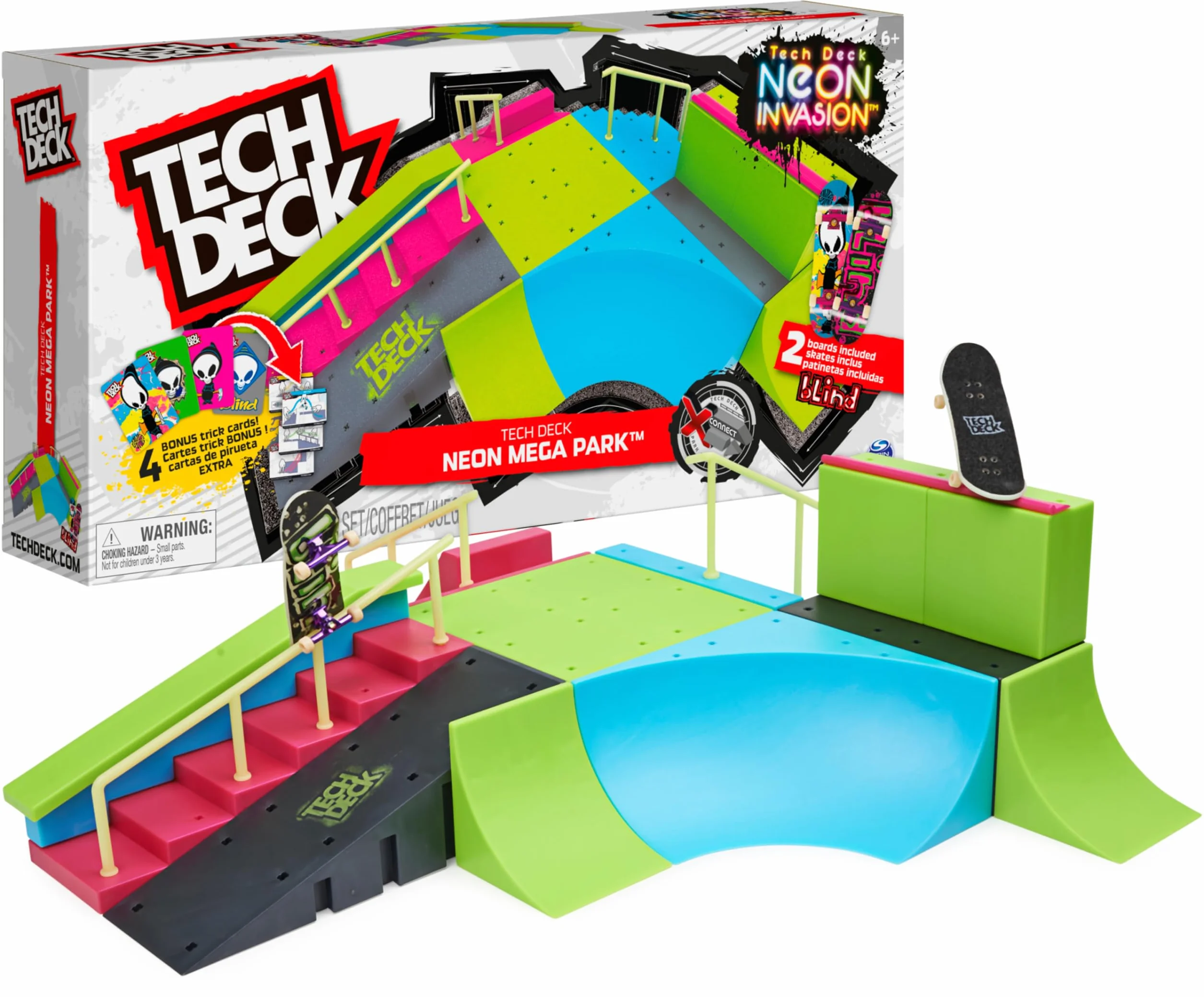 Tech Deck, Neon Mega Park X-Connect Creator, Glow-In-The-Dark zestaw ramp z dwoma palcami, zabawka dla dzieci w wieku 6 lat i więcej