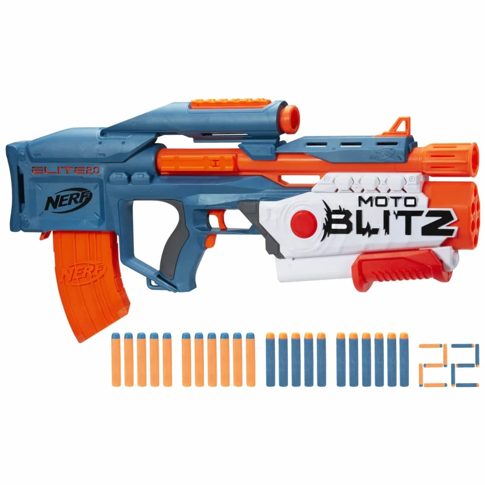 Wyrzutnia Nerf Elite 2.0 Motoblitz, zautomatyzowane wystrzeliwanie 10 strzałek, wystrzeliwanie 6 strzałek naraz funkcją Airblitz, magazynek, 22 strzałki Elite